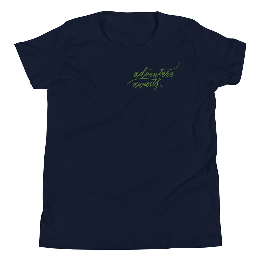 YOUTH SIZES - Script "Adventure Awaits" Green Calligraphy Printed Kids Short Sleeve T-Shirt