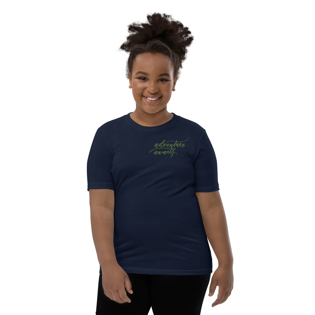 YOUTH SIZES - Script "Adventure Awaits" Green Calligraphy Printed Kids Short Sleeve T-Shirt
