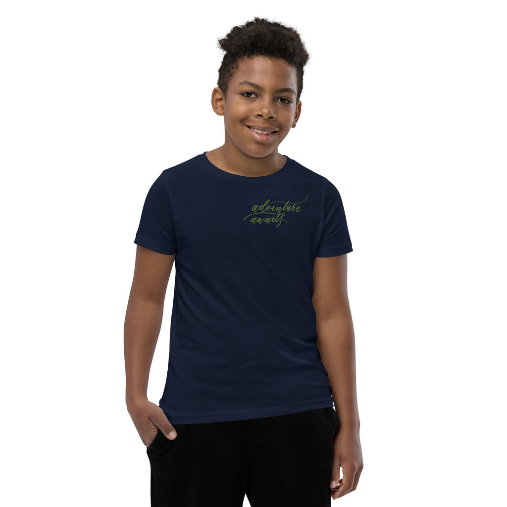 YOUTH SIZES - Script "Adventure Awaits" Green Calligraphy Printed Kids Short Sleeve T-Shirt