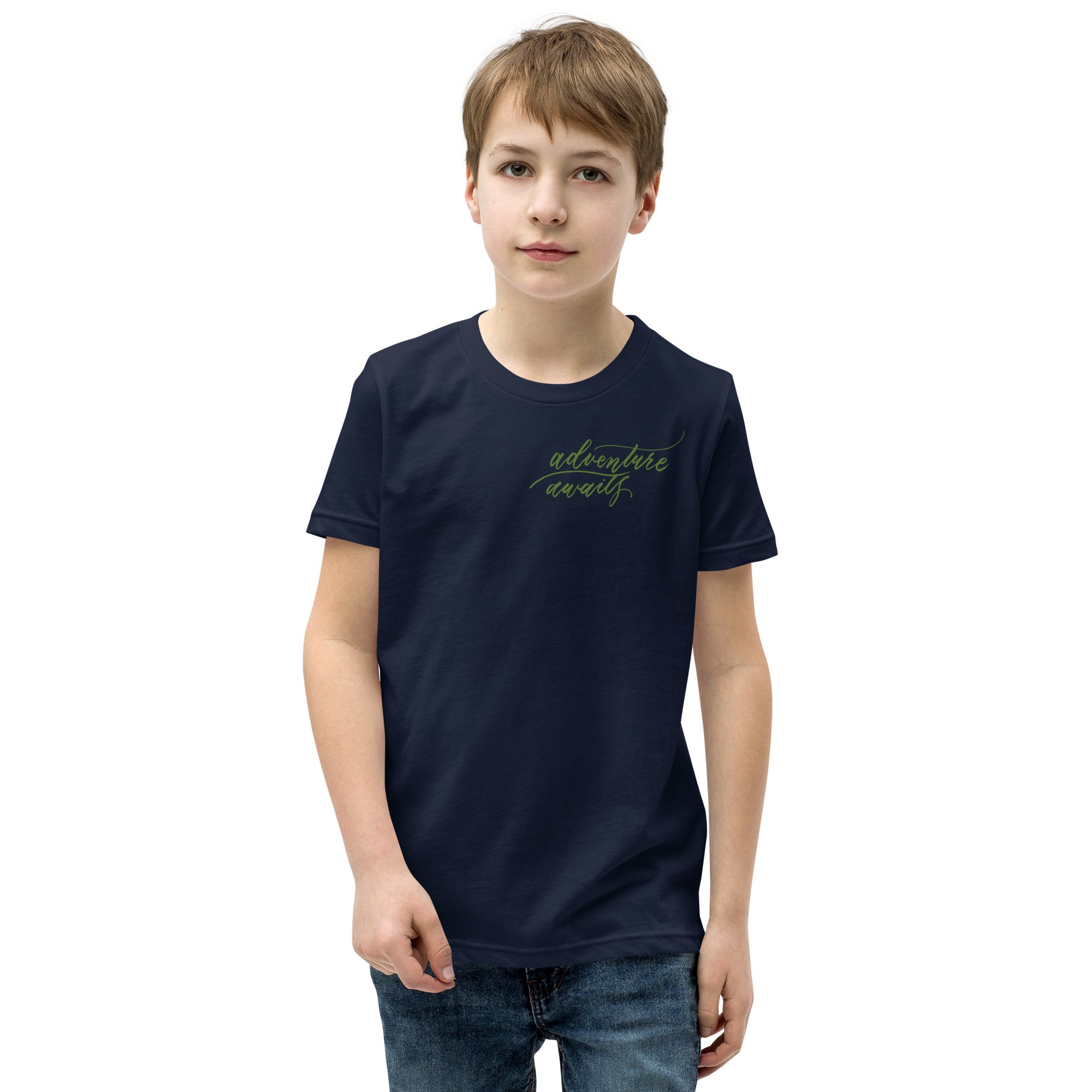 YOUTH SIZES - Script "Adventure Awaits" Green Calligraphy Printed Kids Short Sleeve T-Shirt