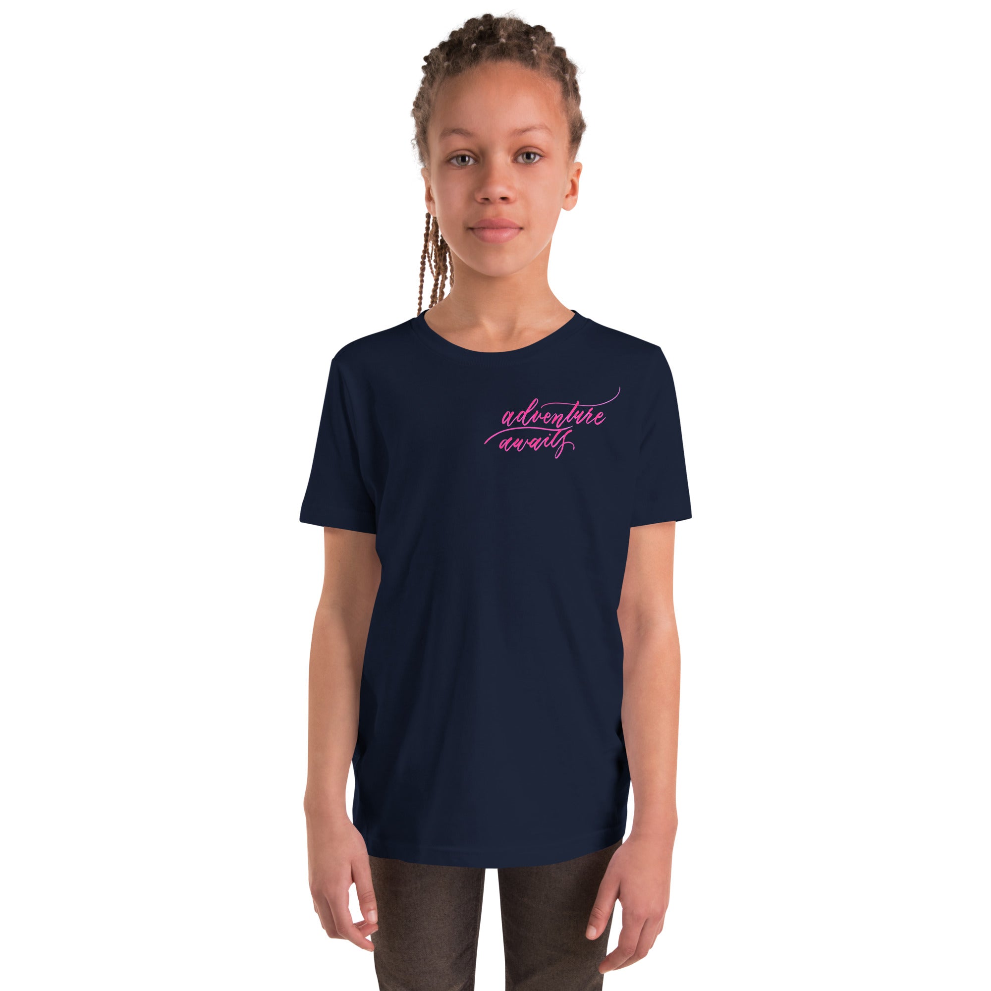 YOUTH SIZES - Script "Adventure Awaits" Pink Calligraphy Printed Kids Short Sleeve T-Shirt