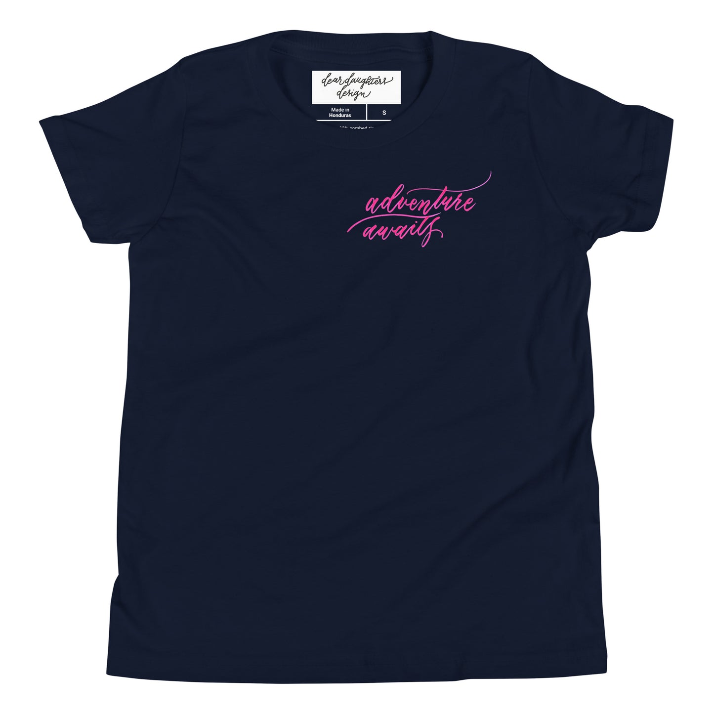 Script "Adventure Awaits" Pink Calligraphy Printed Youth Short Sleeve T-Shirt