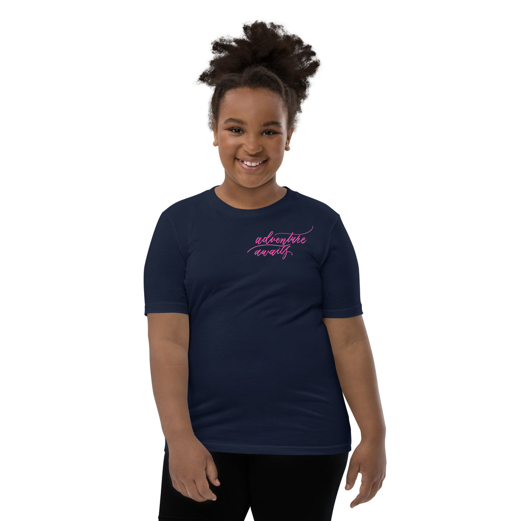 YOUTH SIZES - Script "Adventure Awaits" Pink Calligraphy Printed Kids Short Sleeve T-Shirt