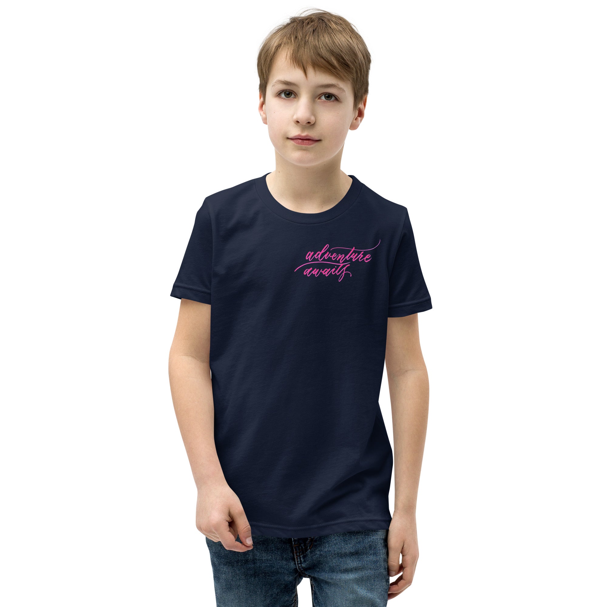 YOUTH SIZES - Script "Adventure Awaits" Pink Calligraphy Printed Kids Short Sleeve T-Shirt