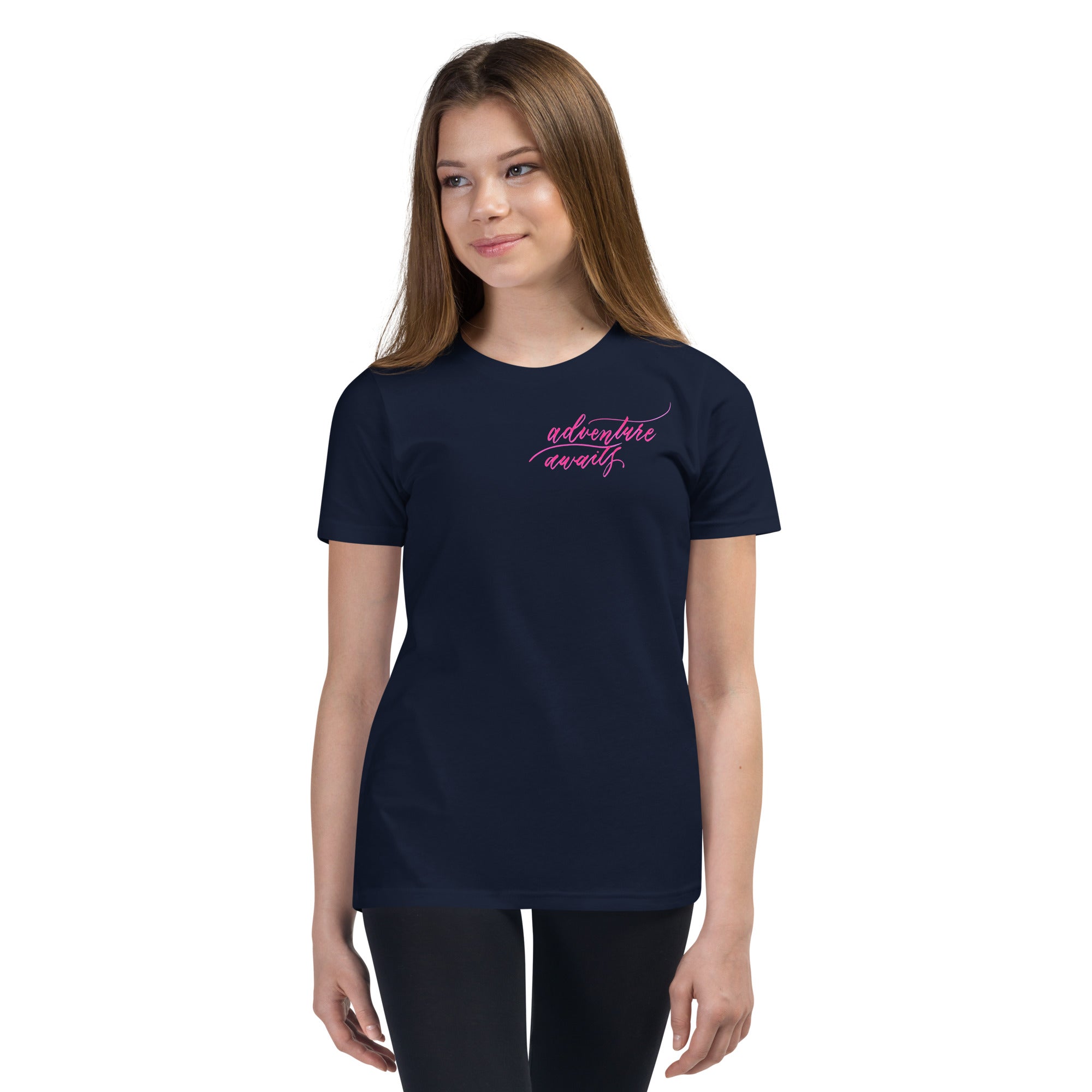 YOUTH SIZES - Script "Adventure Awaits" Pink Calligraphy Printed Kids Short Sleeve T-Shirt