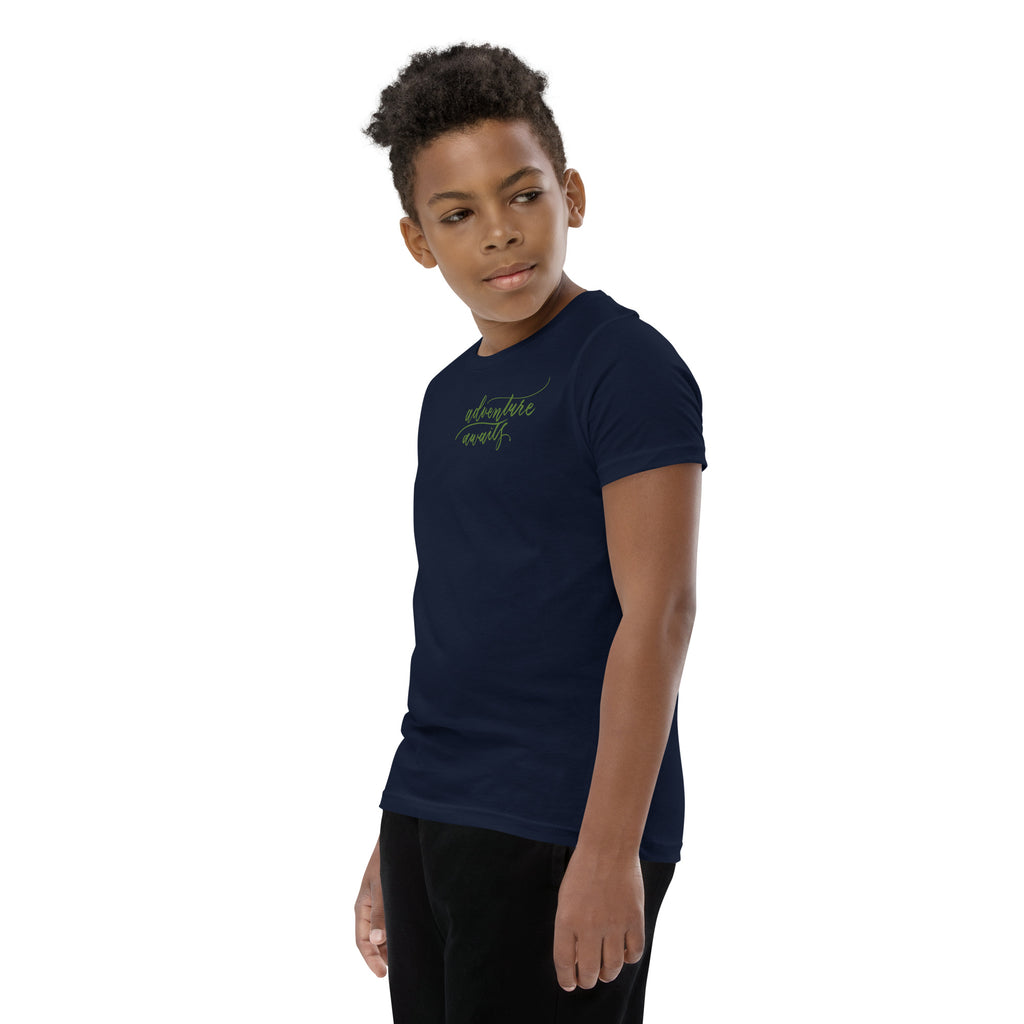 YOUTH SIZES - Script "Adventure Awaits" Green Calligraphy Printed Kids Short Sleeve T-Shirt