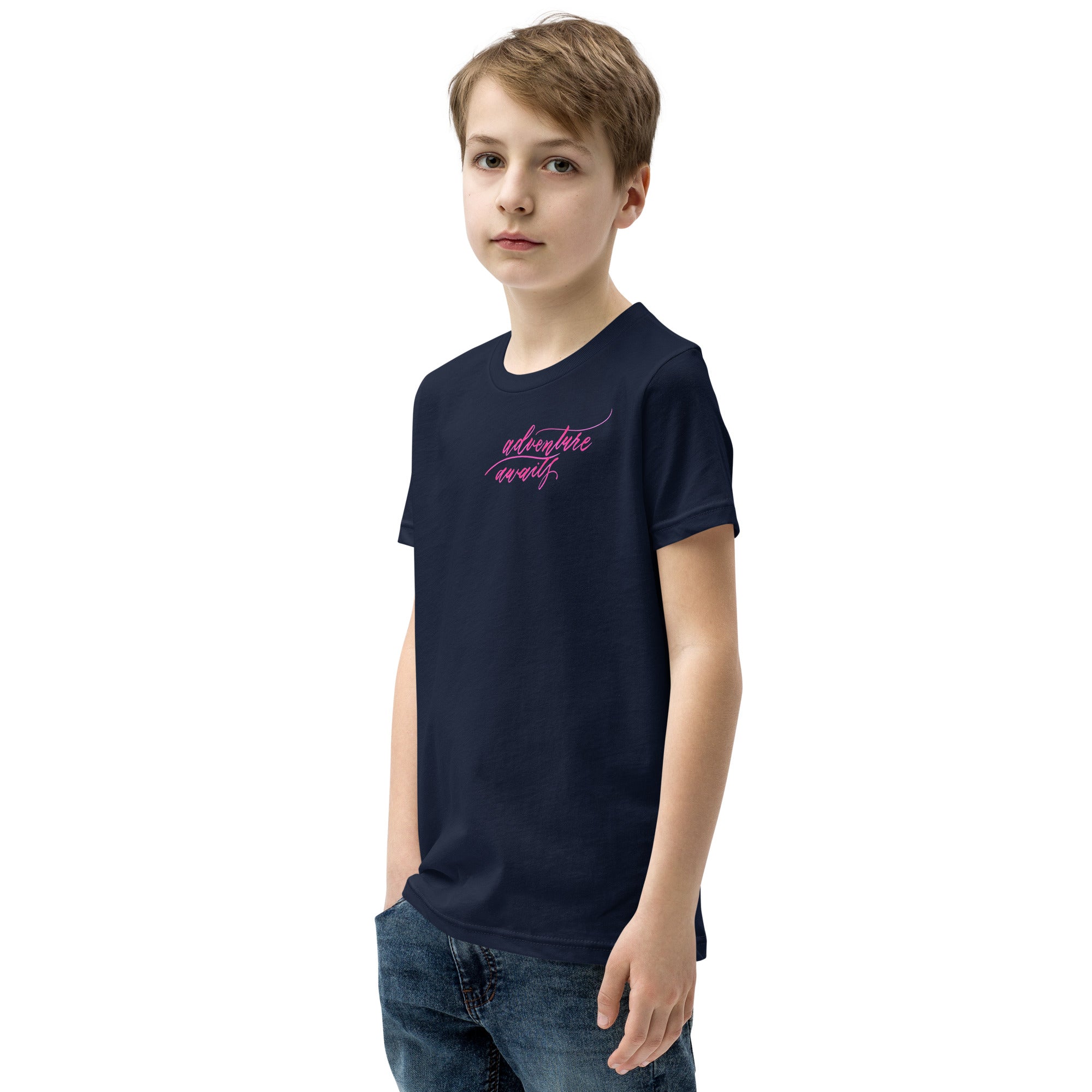 YOUTH SIZES - Script "Adventure Awaits" Pink Calligraphy Printed Kids Short Sleeve T-Shirt