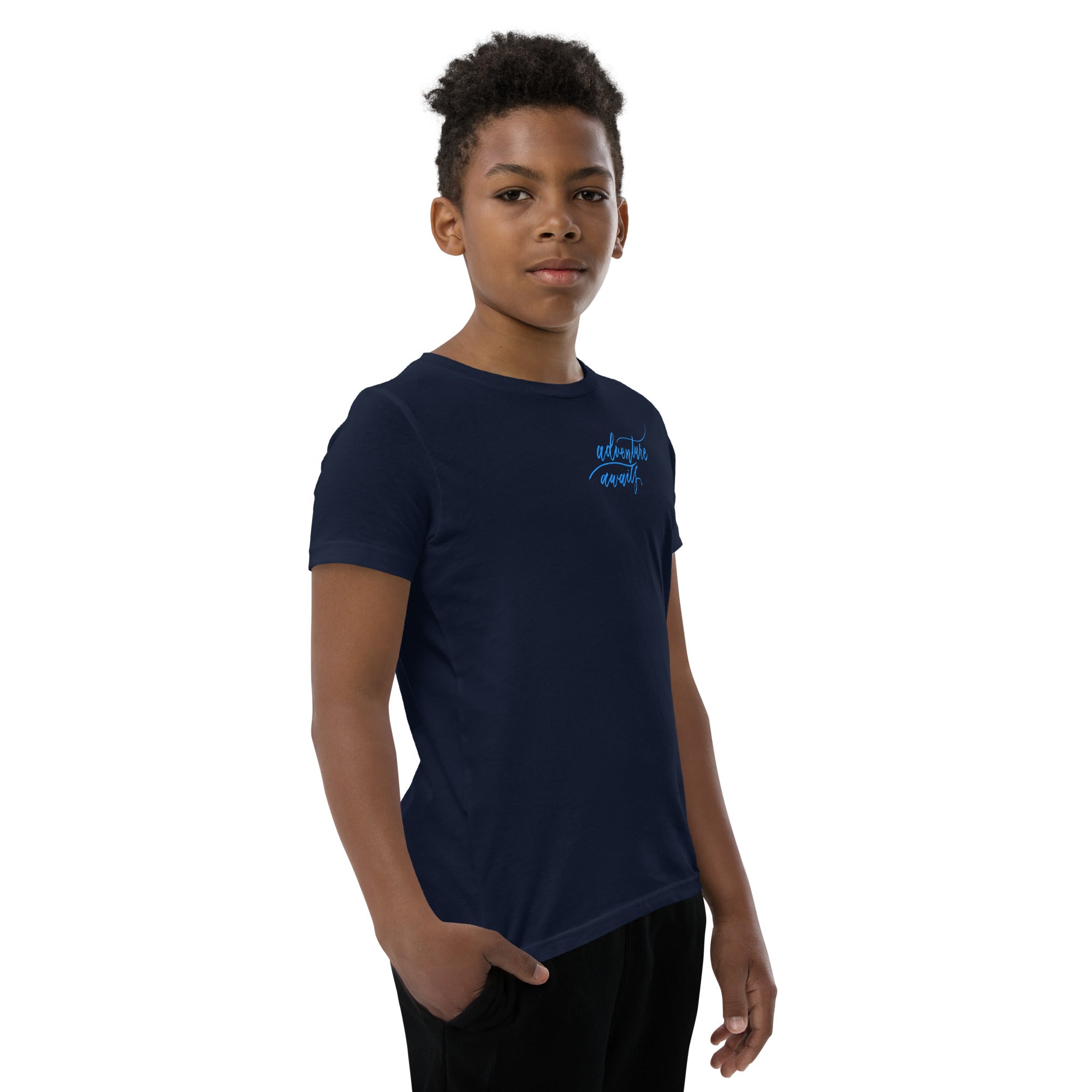 YOUTH SIZES - Script "Adventure Awaits" Bright Blue Calligraphy Printed Kids Short Sleeve T-Shirt