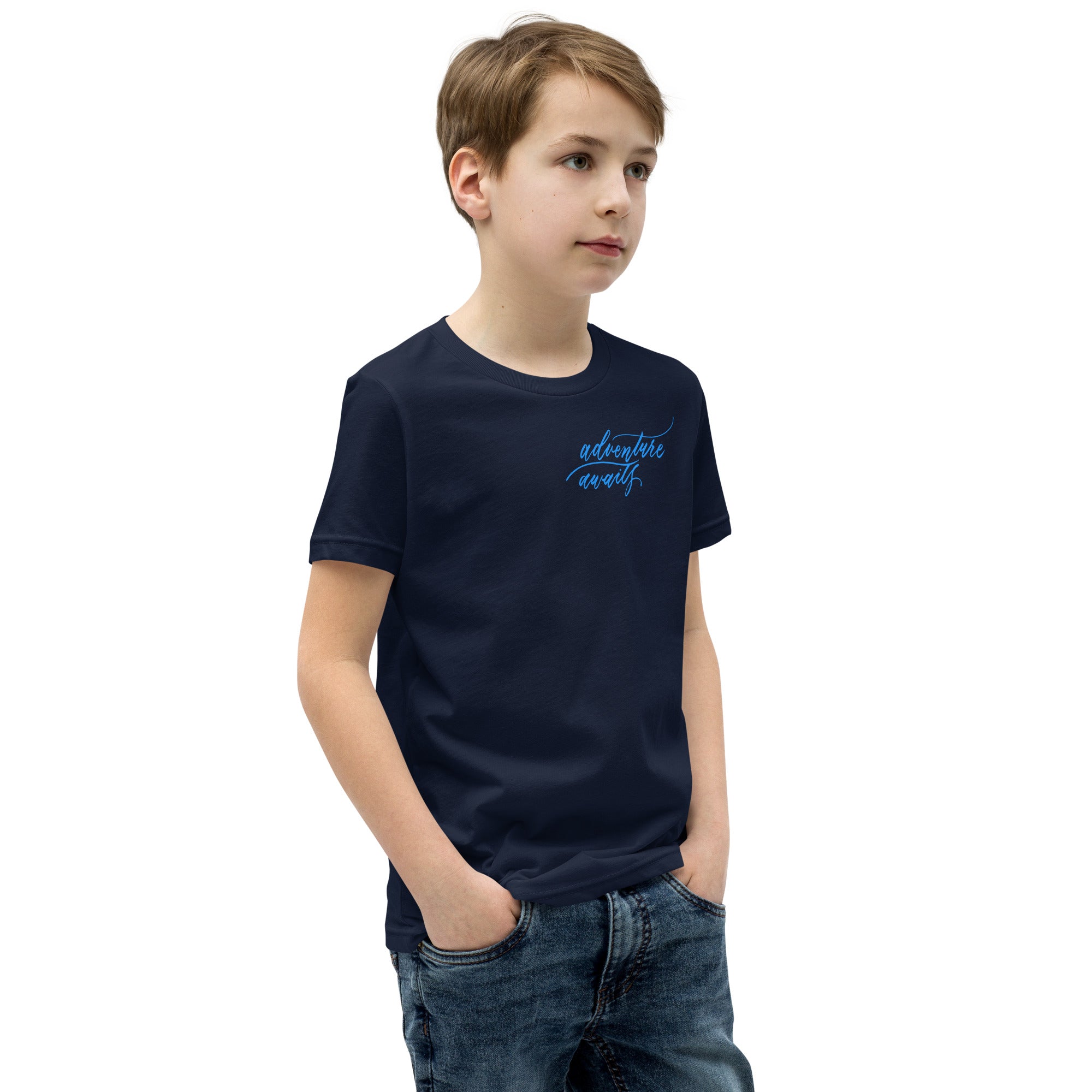 YOUTH SIZES - Script "Adventure Awaits" Bright Blue Calligraphy Printed Kids Short Sleeve T-Shirt
