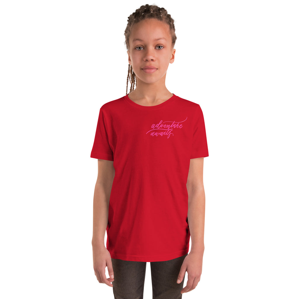 YOUTH SIZES - Script "Adventure Awaits" Pink Calligraphy Printed Kids Short Sleeve T-Shirt