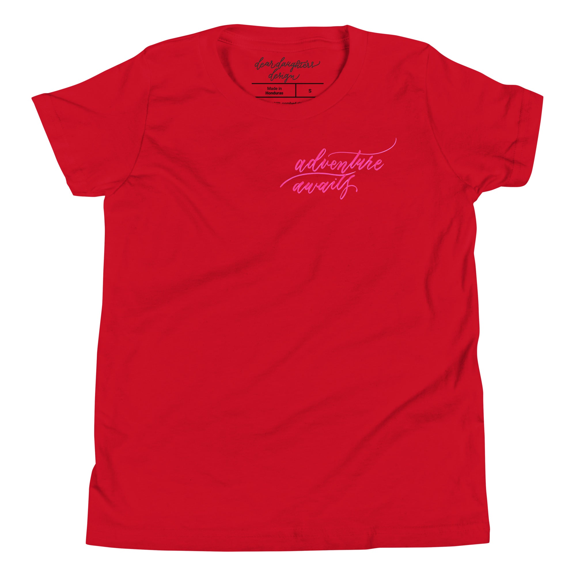YOUTH SIZES - Script "Adventure Awaits" Pink Calligraphy Printed Kids Short Sleeve T-Shirt