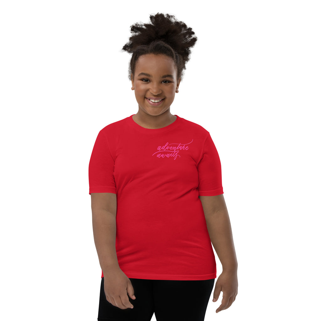 YOUTH SIZES - Script "Adventure Awaits" Pink Calligraphy Printed Kids Short Sleeve T-Shirt