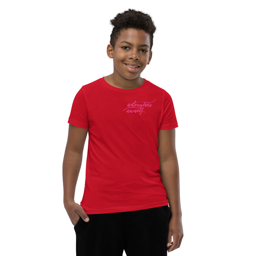 YOUTH SIZES - Script "Adventure Awaits" Pink Calligraphy Printed Kids Short Sleeve T-Shirt