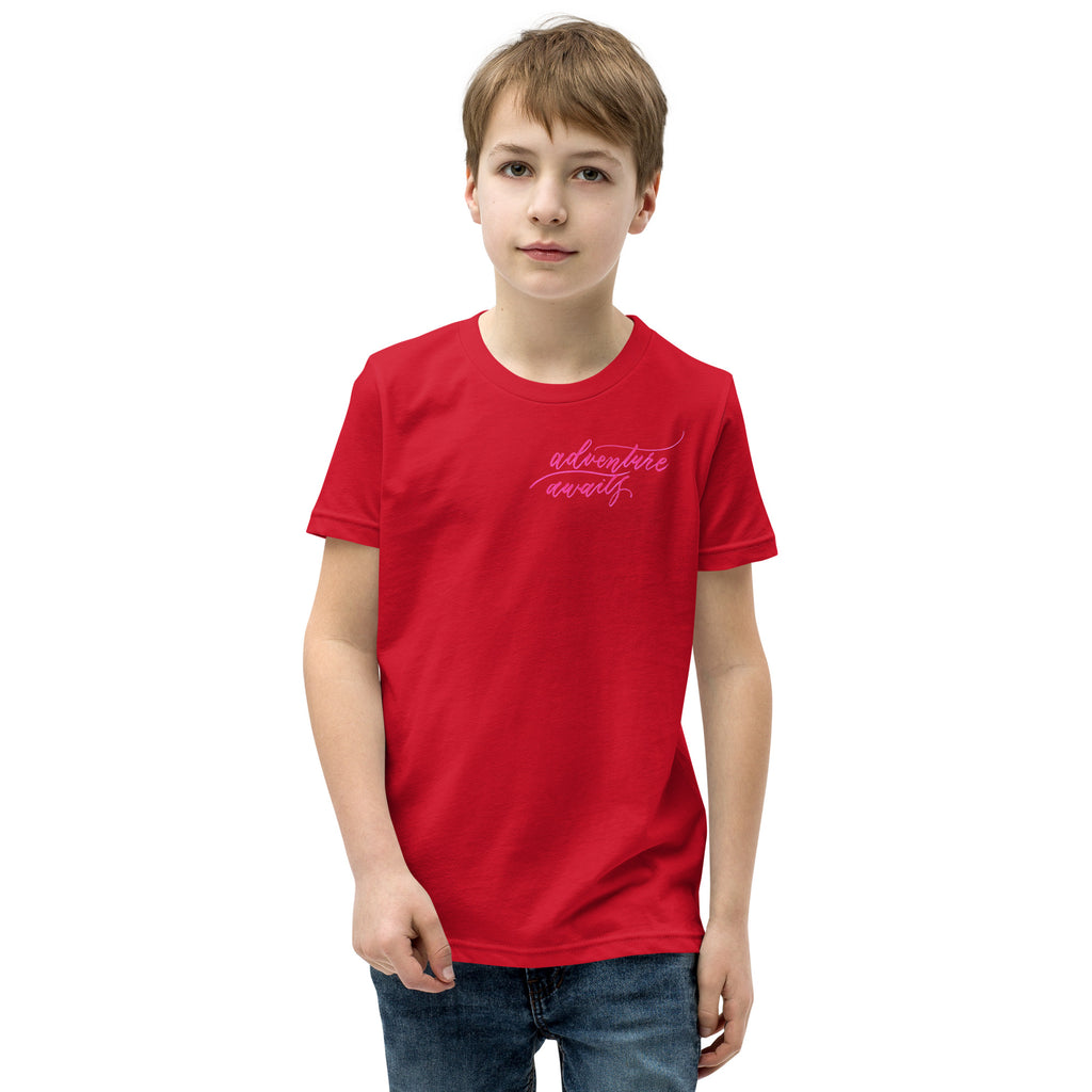YOUTH SIZES - Script "Adventure Awaits" Pink Calligraphy Printed Kids Short Sleeve T-Shirt