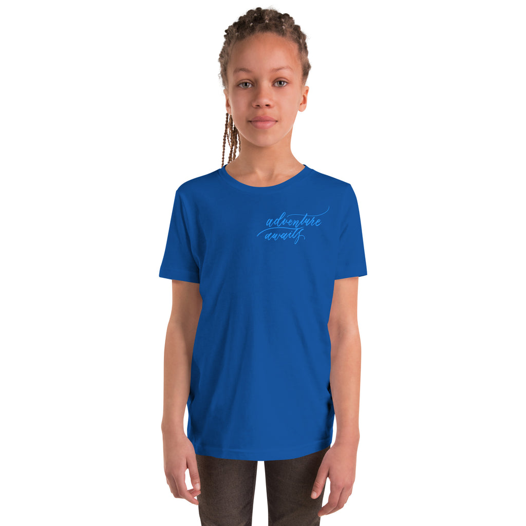 YOUTH SIZES - Script "Adventure Awaits" Bright Blue Calligraphy Printed Kids Short Sleeve T-Shirt
