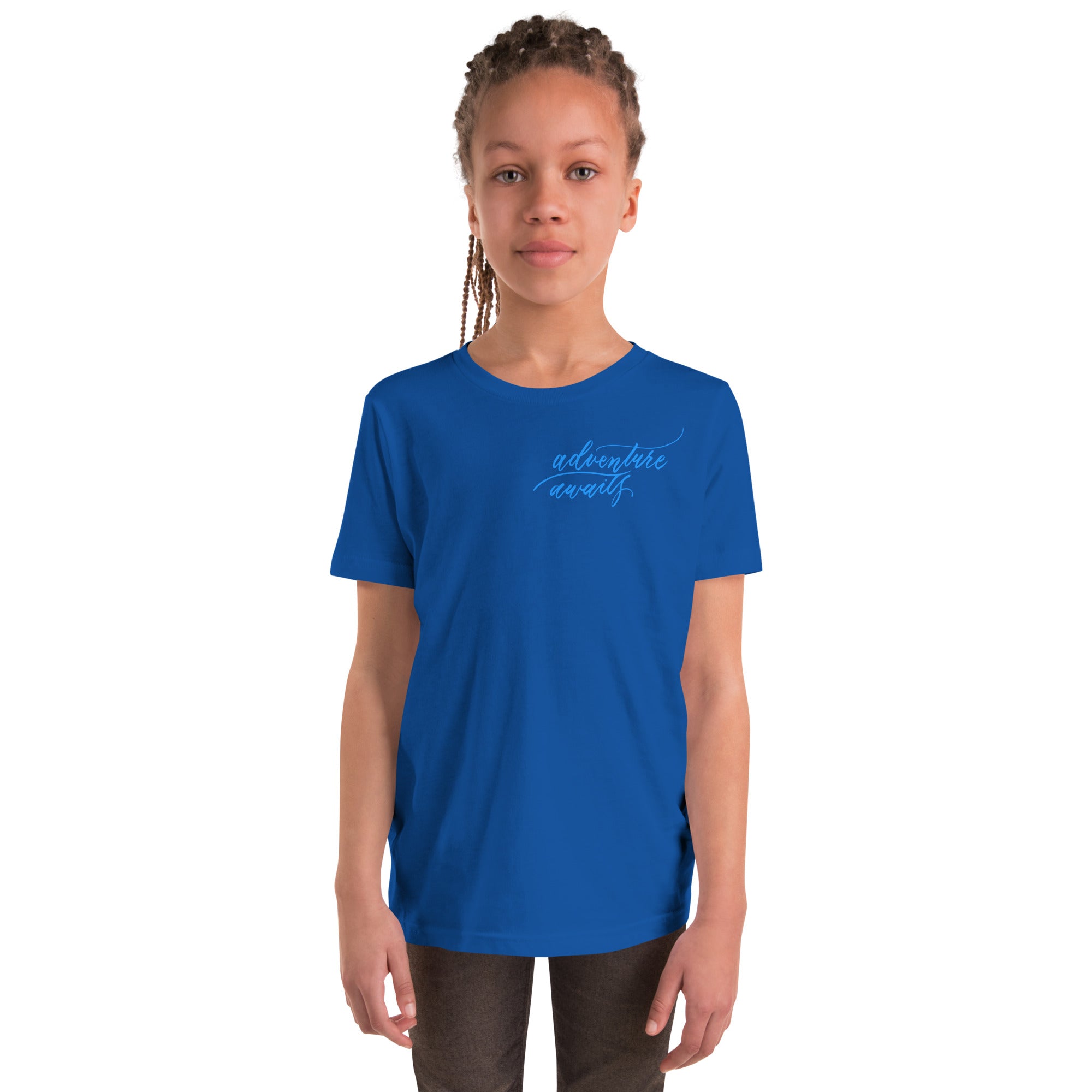 YOUTH SIZES - Script "Adventure Awaits" Bright Blue Calligraphy Printed Kids Short Sleeve T-Shirt