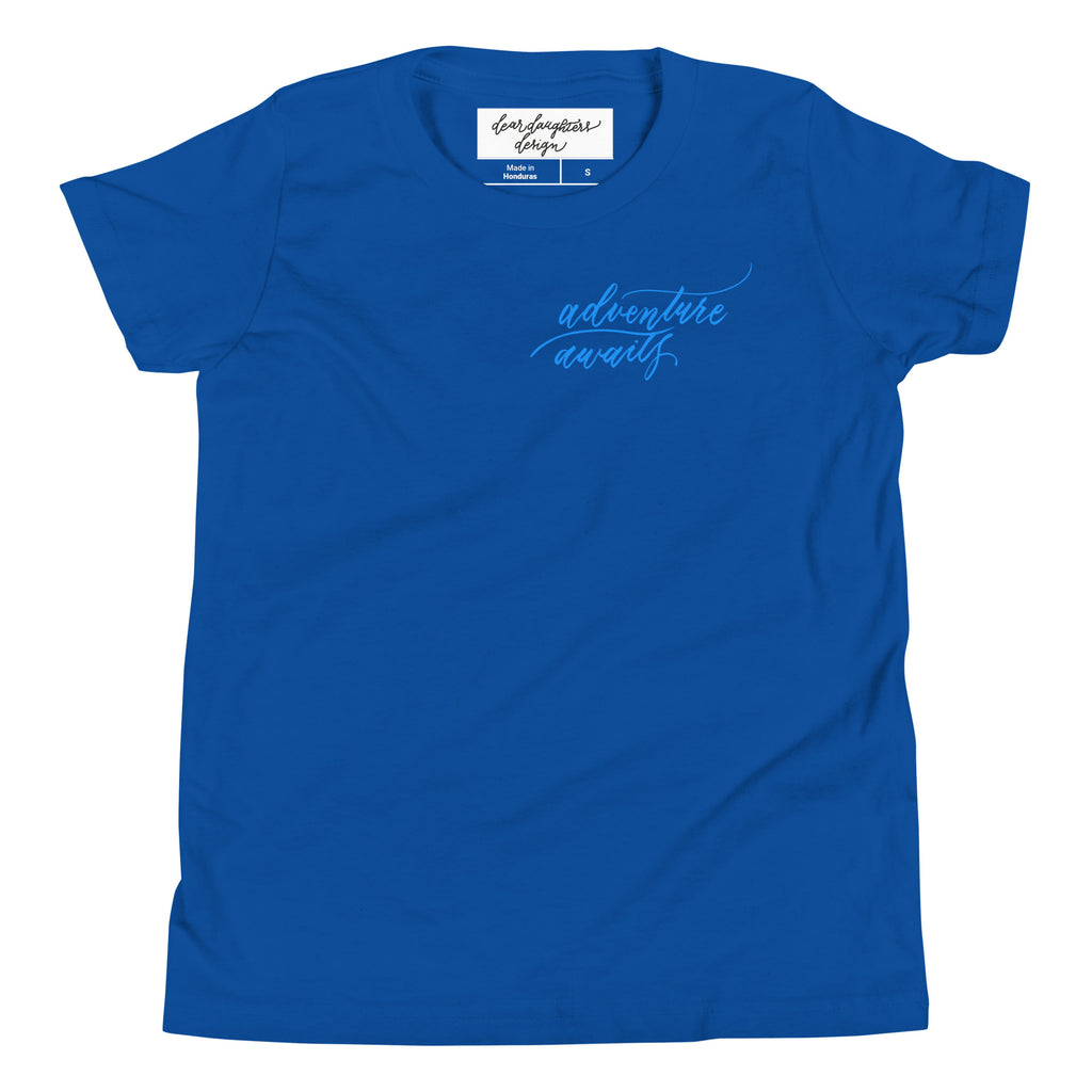 YOUTH SIZES - Script "Adventure Awaits" Bright Blue Calligraphy Printed Kids Short Sleeve T-Shirt