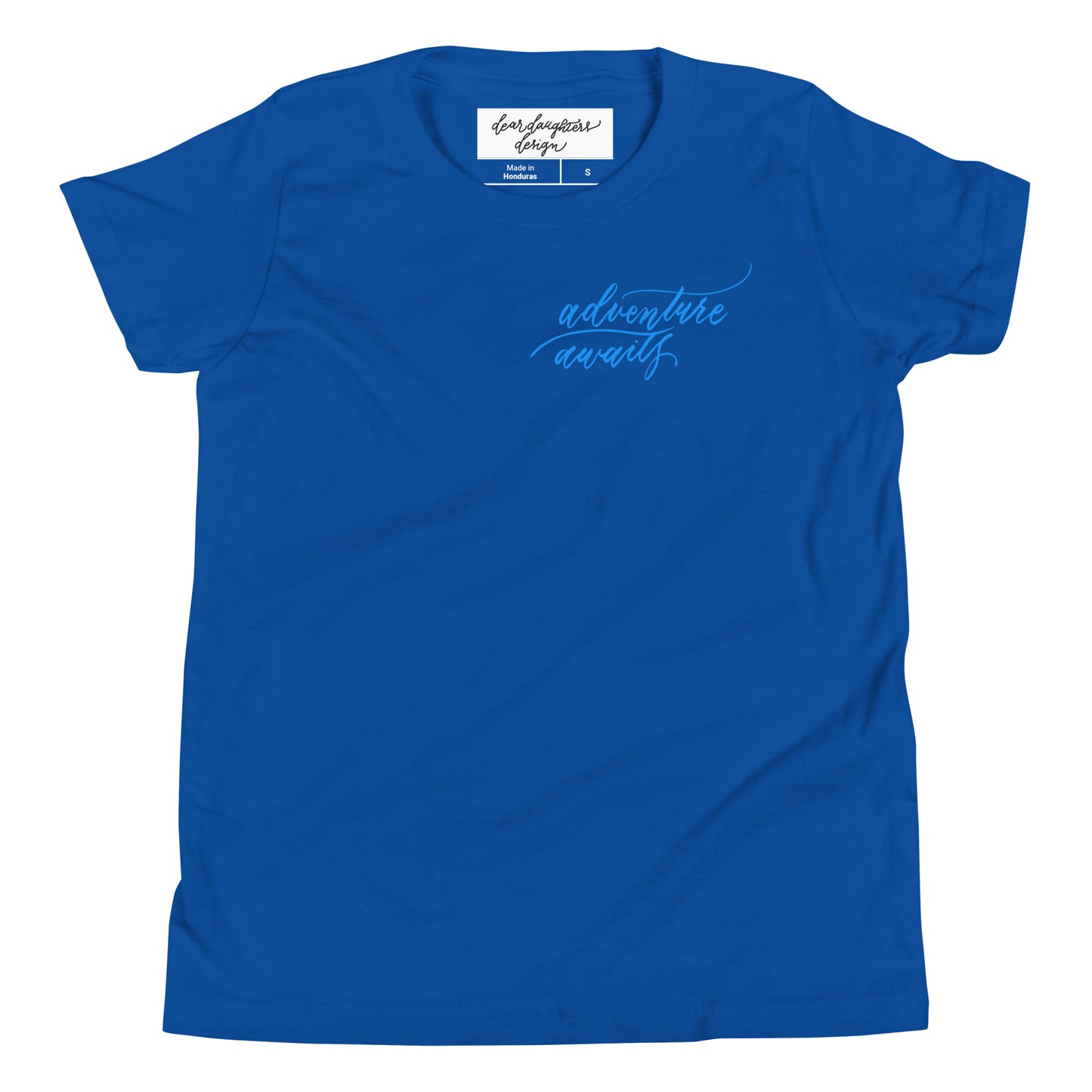 Script "Adventure Awaits" Bright Blue Calligraphy Printed Youth Short Sleeve T-Shirt