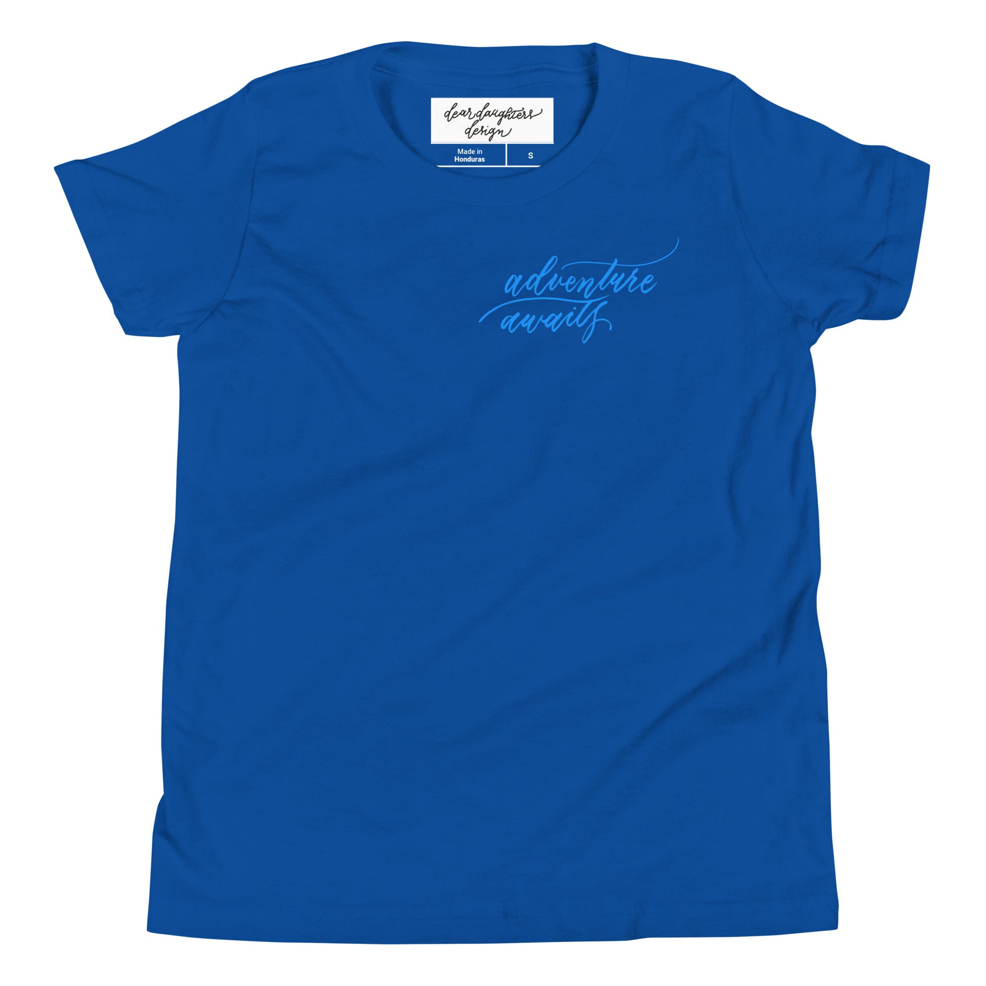 YOUTH SIZES - Script "Adventure Awaits" Bright Blue Calligraphy Printed Kids Short Sleeve T-Shirt
