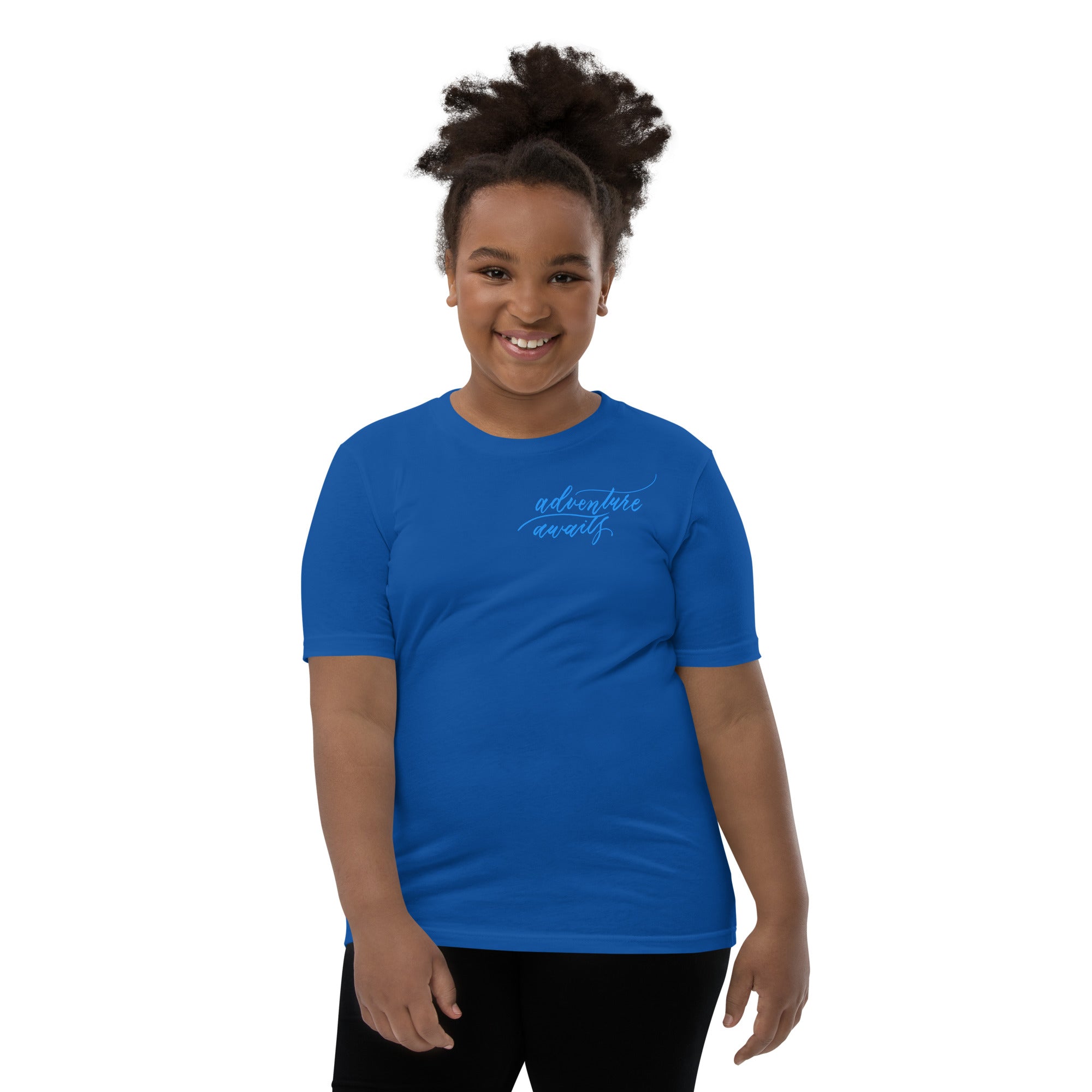 YOUTH SIZES - Script "Adventure Awaits" Bright Blue Calligraphy Printed Kids Short Sleeve T-Shirt