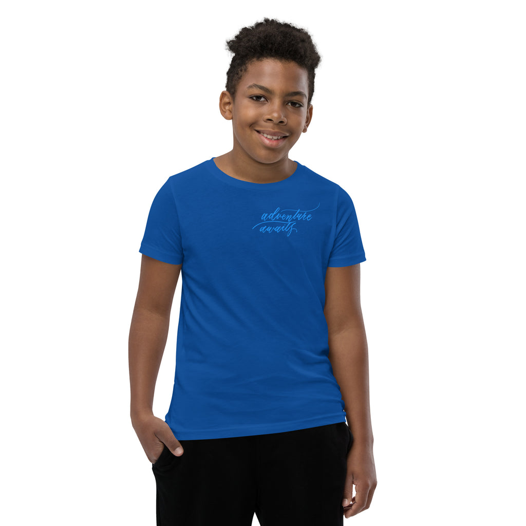 YOUTH SIZES - Script "Adventure Awaits" Bright Blue Calligraphy Printed Kids Short Sleeve T-Shirt