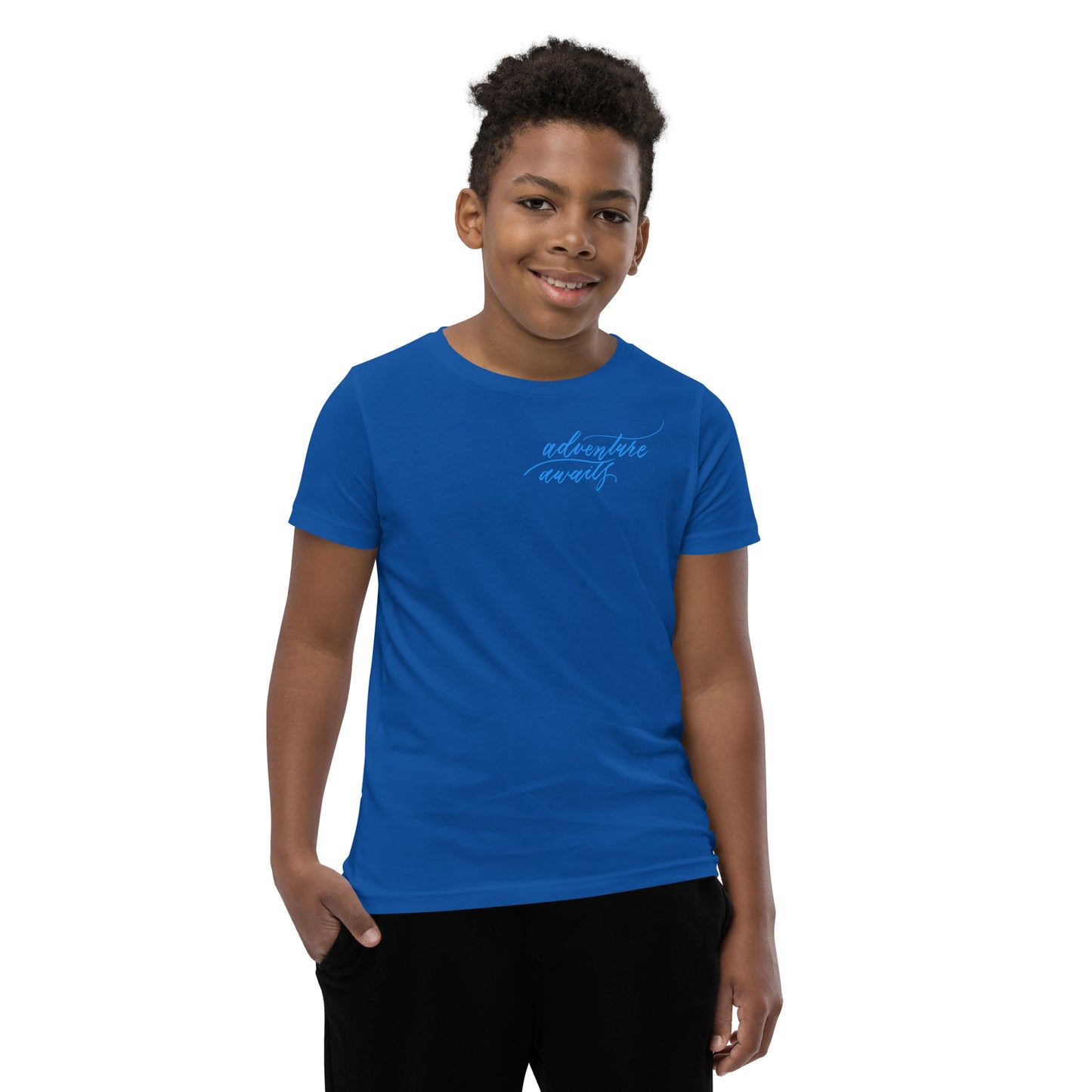 Script "Adventure Awaits" Bright Blue Calligraphy Printed Youth Short Sleeve T-Shirt