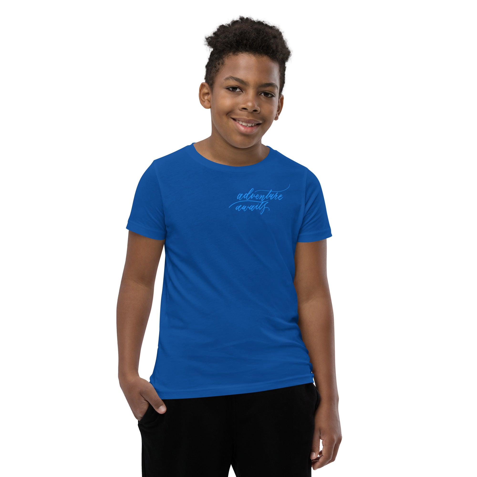 YOUTH SIZES - Script "Adventure Awaits" Bright Blue Calligraphy Printed Kids Short Sleeve T-Shirt