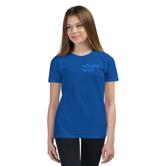 Script "Adventure Awaits" Bright Blue Calligraphy Printed Youth Short Sleeve T-Shirt