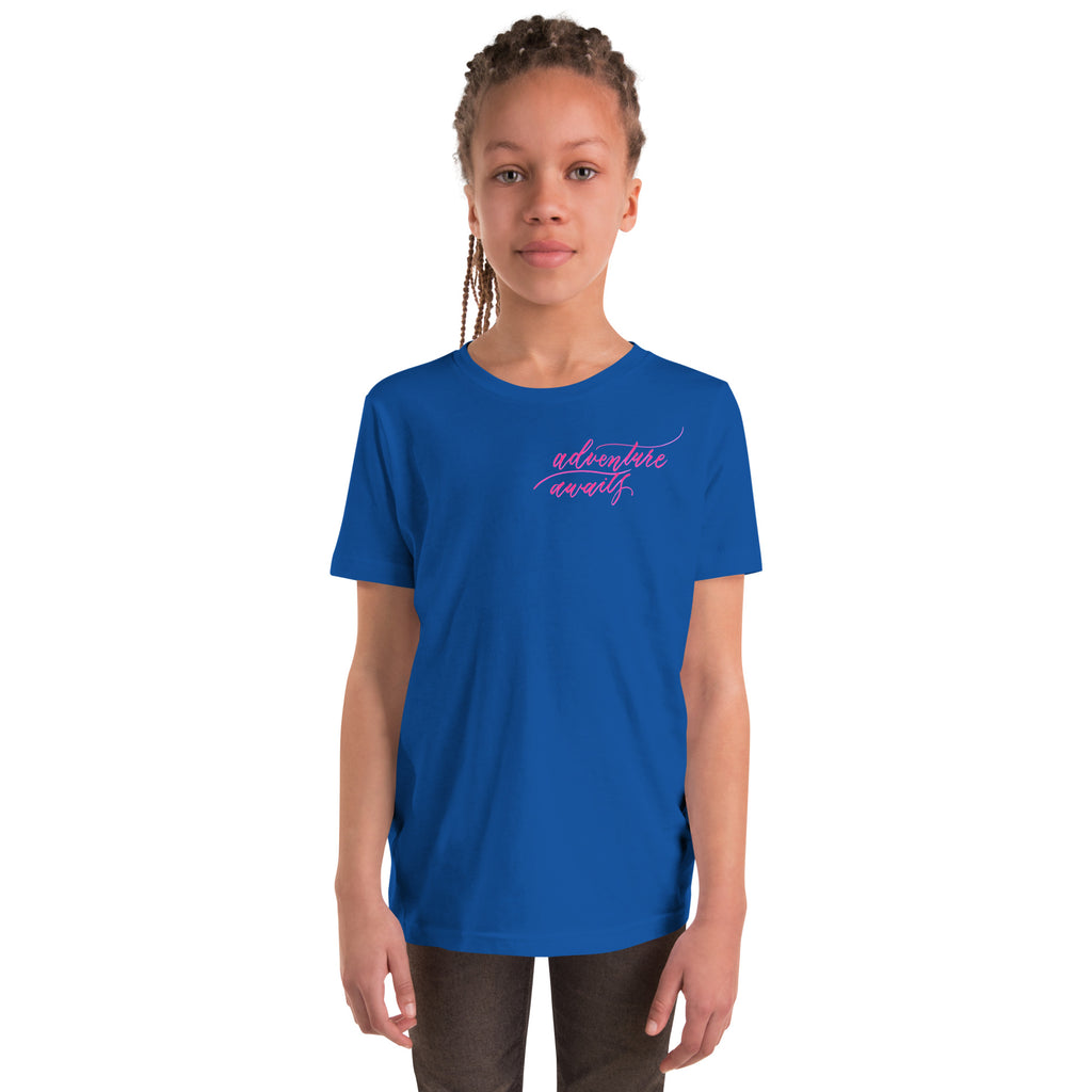 YOUTH SIZES - Script "Adventure Awaits" Pink Calligraphy Printed Kids Short Sleeve T-Shirt