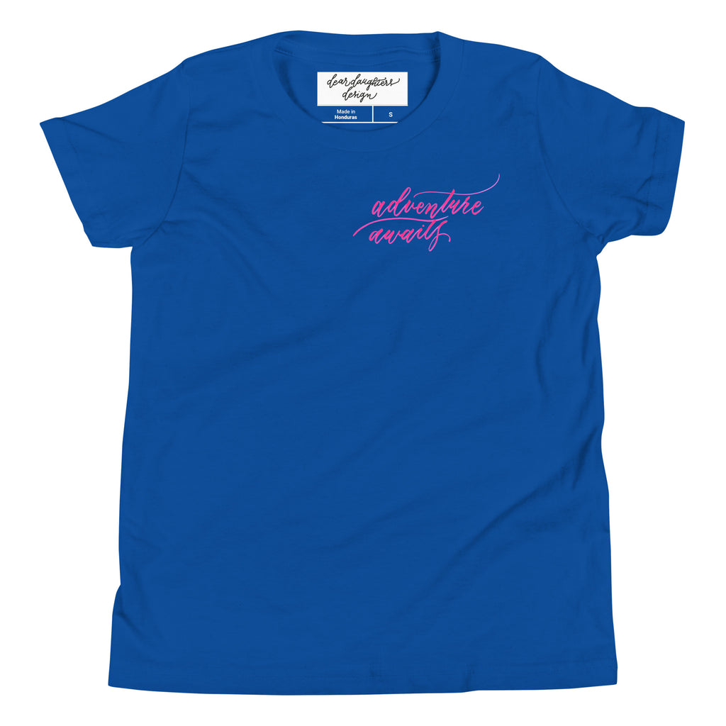 YOUTH SIZES - Script "Adventure Awaits" Pink Calligraphy Printed Kids Short Sleeve T-Shirt