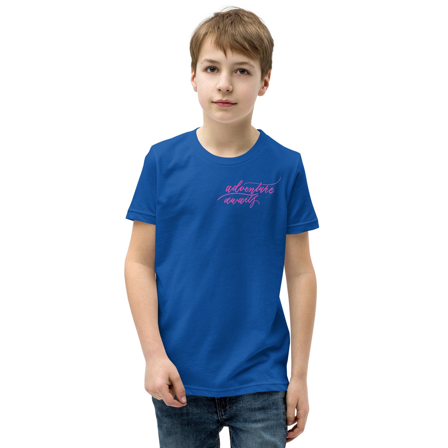 Script "Adventure Awaits" Pink Calligraphy Printed Youth Short Sleeve T-Shirt