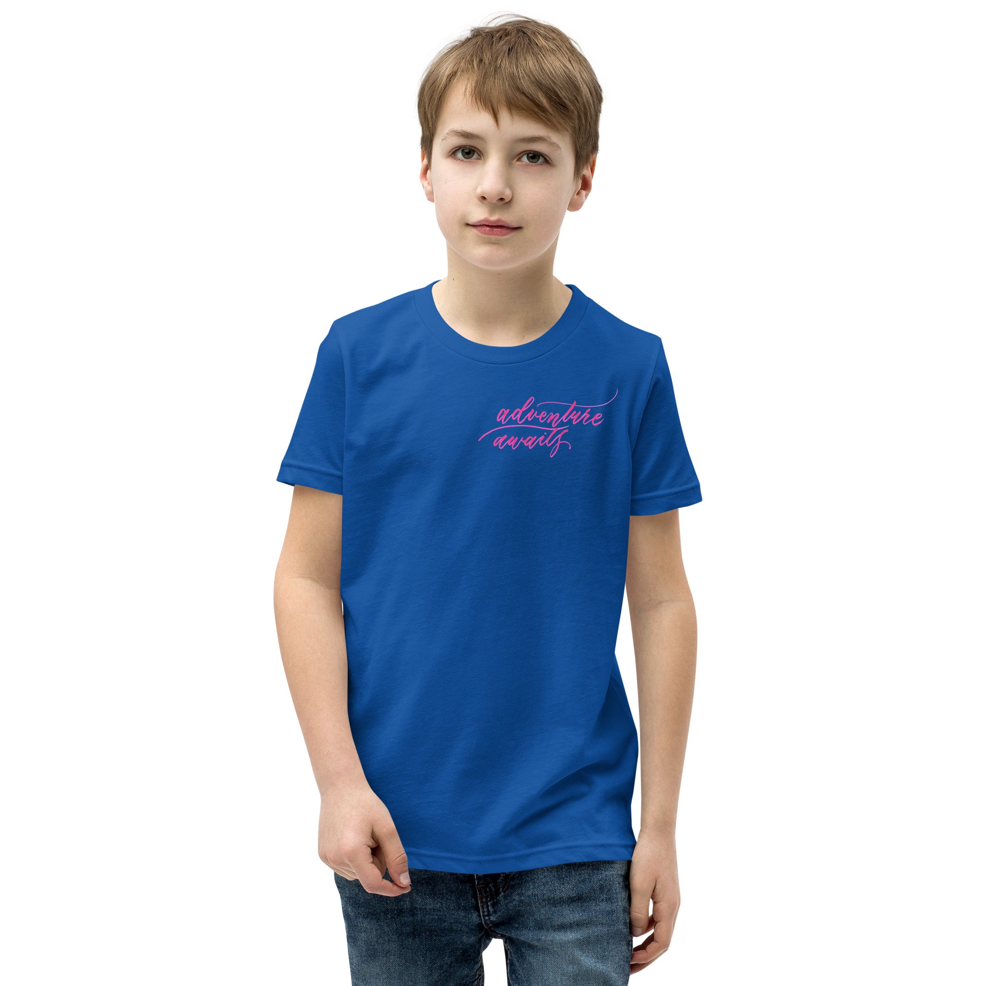 YOUTH SIZES - Script "Adventure Awaits" Pink Calligraphy Printed Kids Short Sleeve T-Shirt