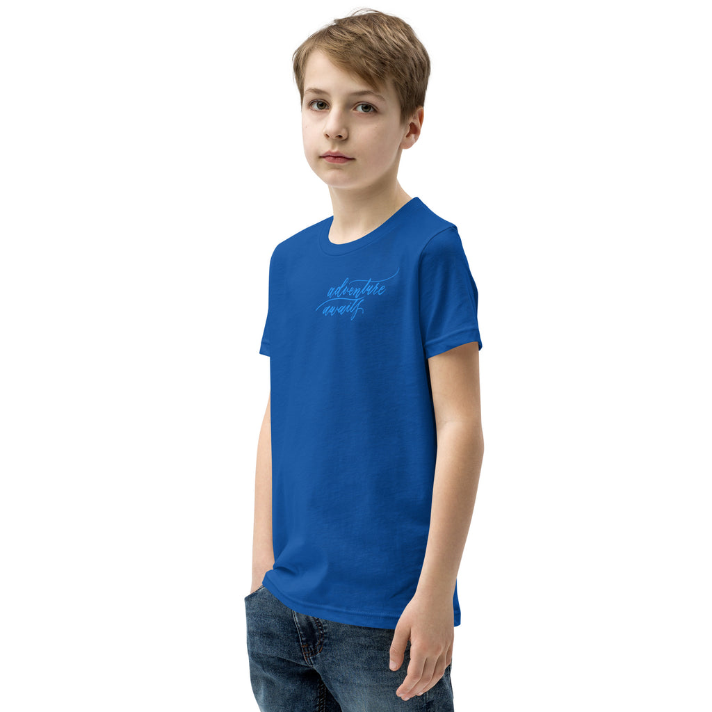 YOUTH SIZES - Script "Adventure Awaits" Bright Blue Calligraphy Printed Kids Short Sleeve T-Shirt
