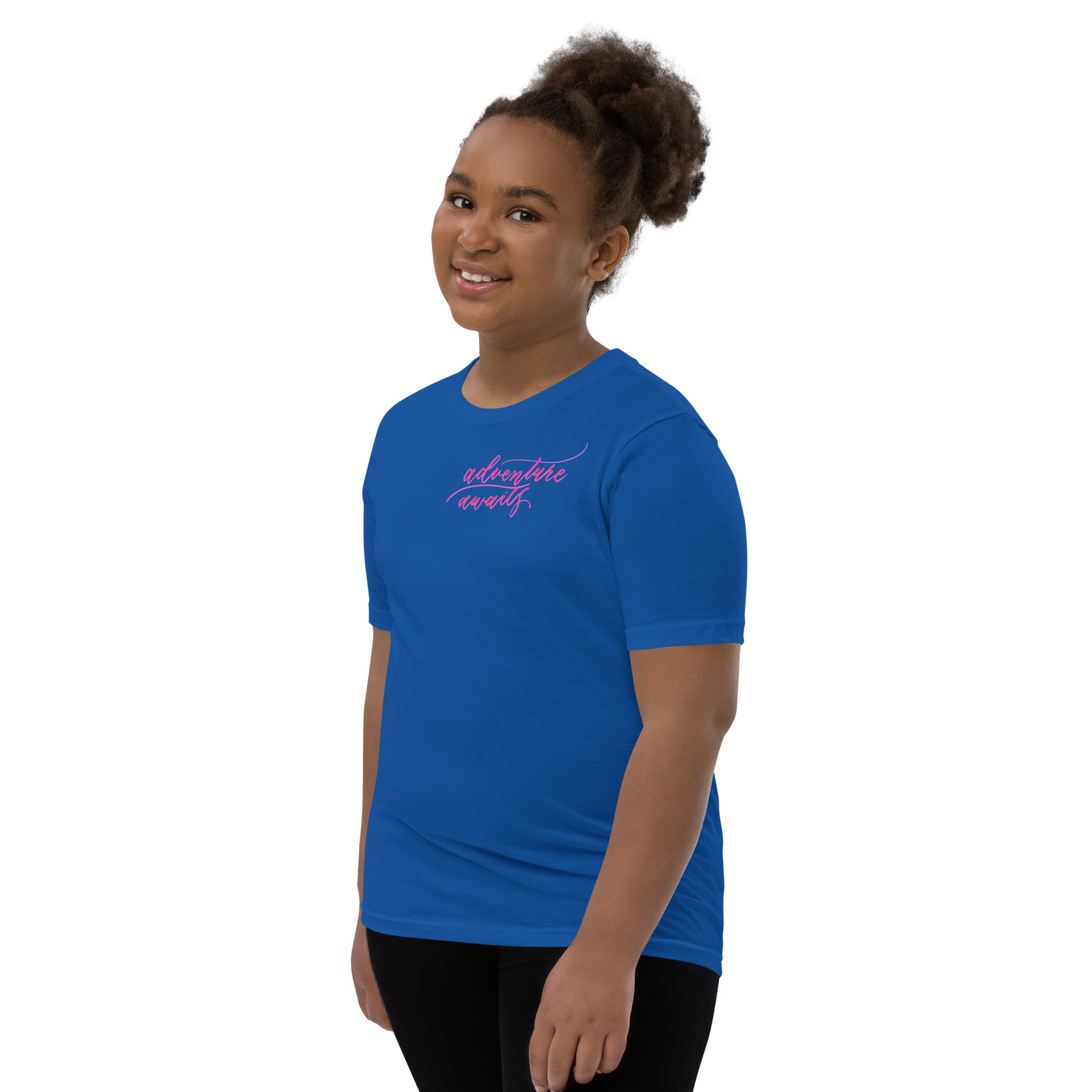 YOUTH SIZES - Script "Adventure Awaits" Pink Calligraphy Printed Kids Short Sleeve T-Shirt