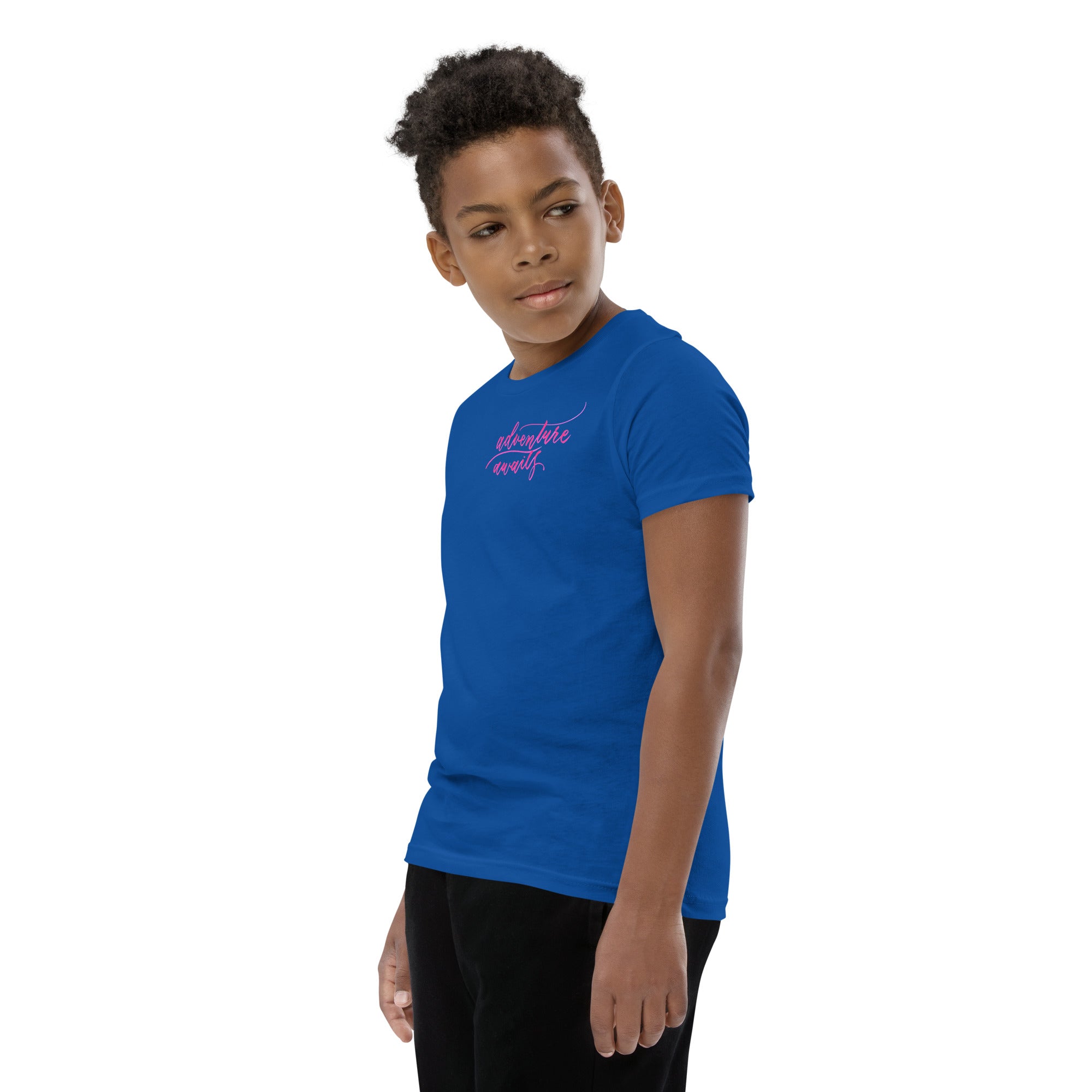 YOUTH SIZES - Script "Adventure Awaits" Pink Calligraphy Printed Kids Short Sleeve T-Shirt