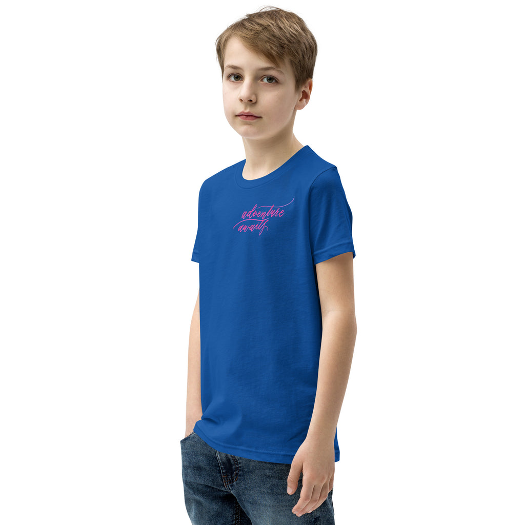 YOUTH SIZES - Script "Adventure Awaits" Pink Calligraphy Printed Kids Short Sleeve T-Shirt