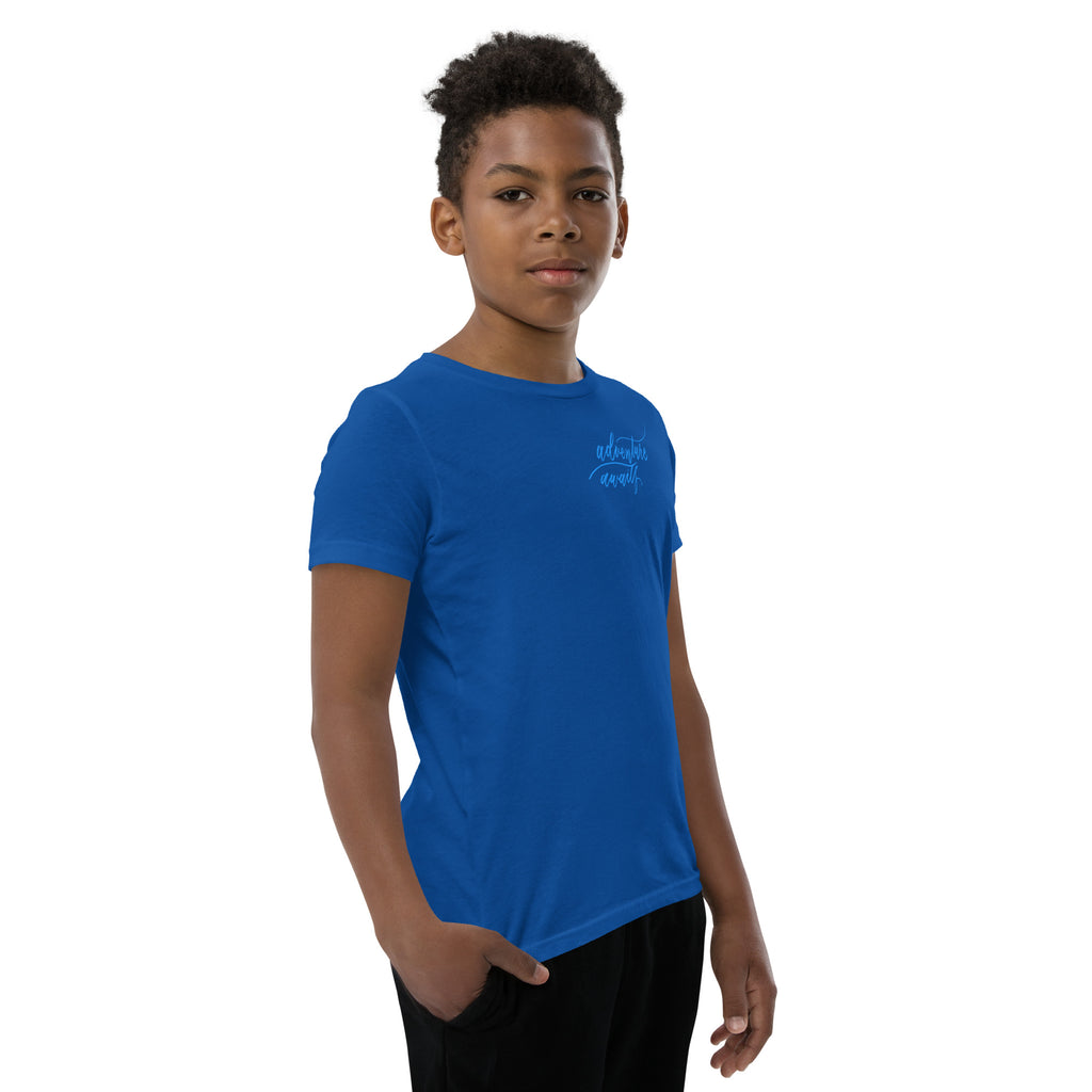 YOUTH SIZES - Script "Adventure Awaits" Bright Blue Calligraphy Printed Kids Short Sleeve T-Shirt