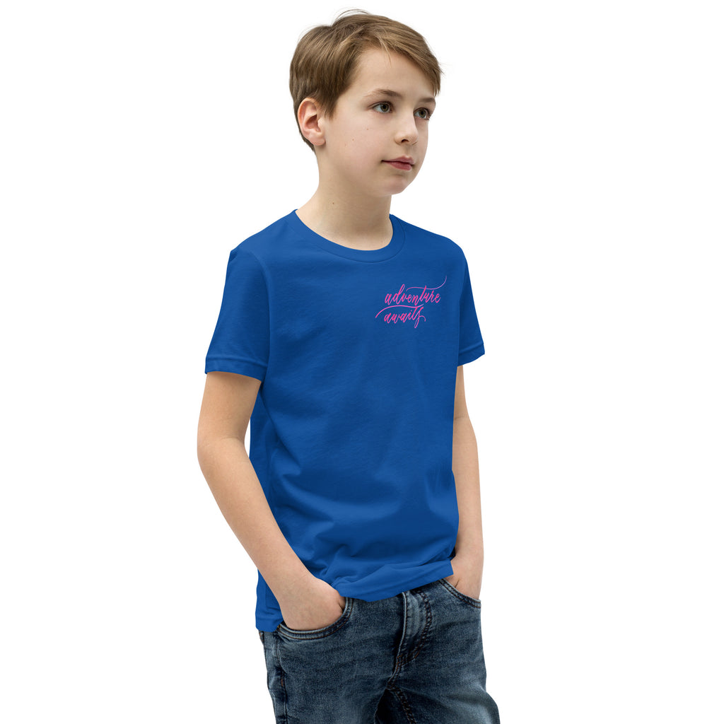 YOUTH SIZES - Script "Adventure Awaits" Pink Calligraphy Printed Kids Short Sleeve T-Shirt
