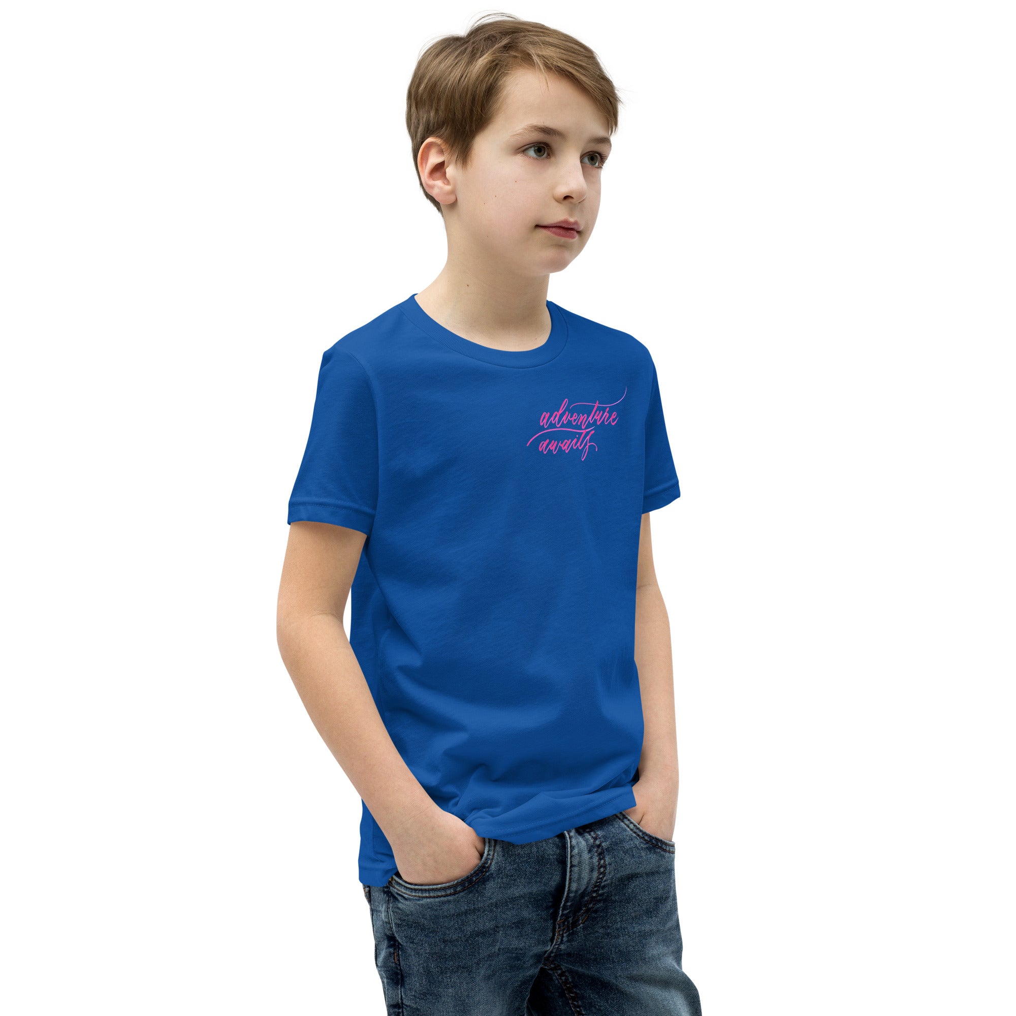 YOUTH SIZES - Script "Adventure Awaits" Pink Calligraphy Printed Kids Short Sleeve T-Shirt
