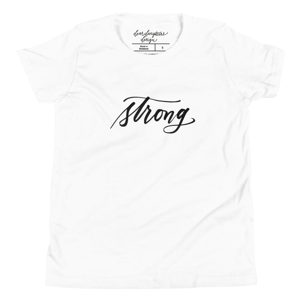 YOUTH SIZES - Black Script "Strong" Calligraphy Printed on Kids' 100% Cotton T-Shirt (Youth Sizes)