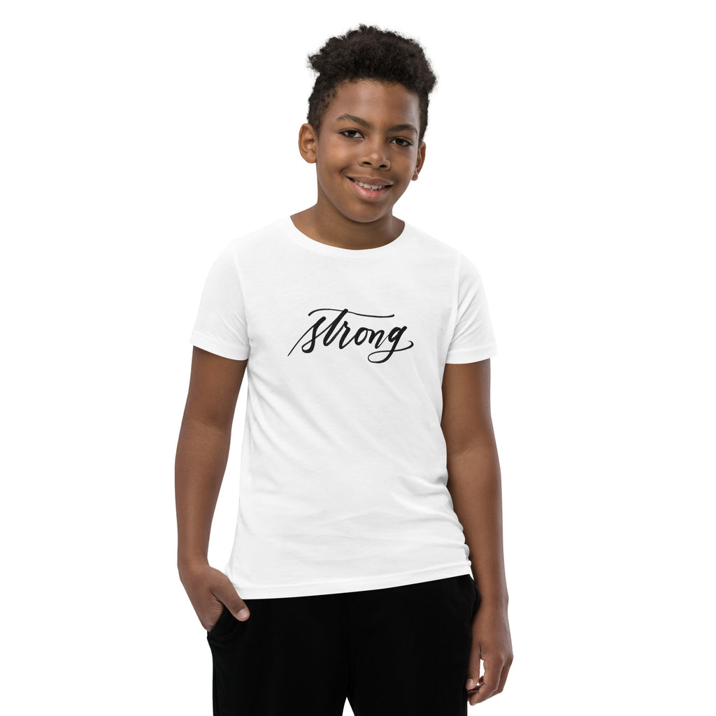 YOUTH SIZES - Black Script "Strong" Calligraphy Printed on Kids' 100% Cotton T-Shirt (Youth Sizes)