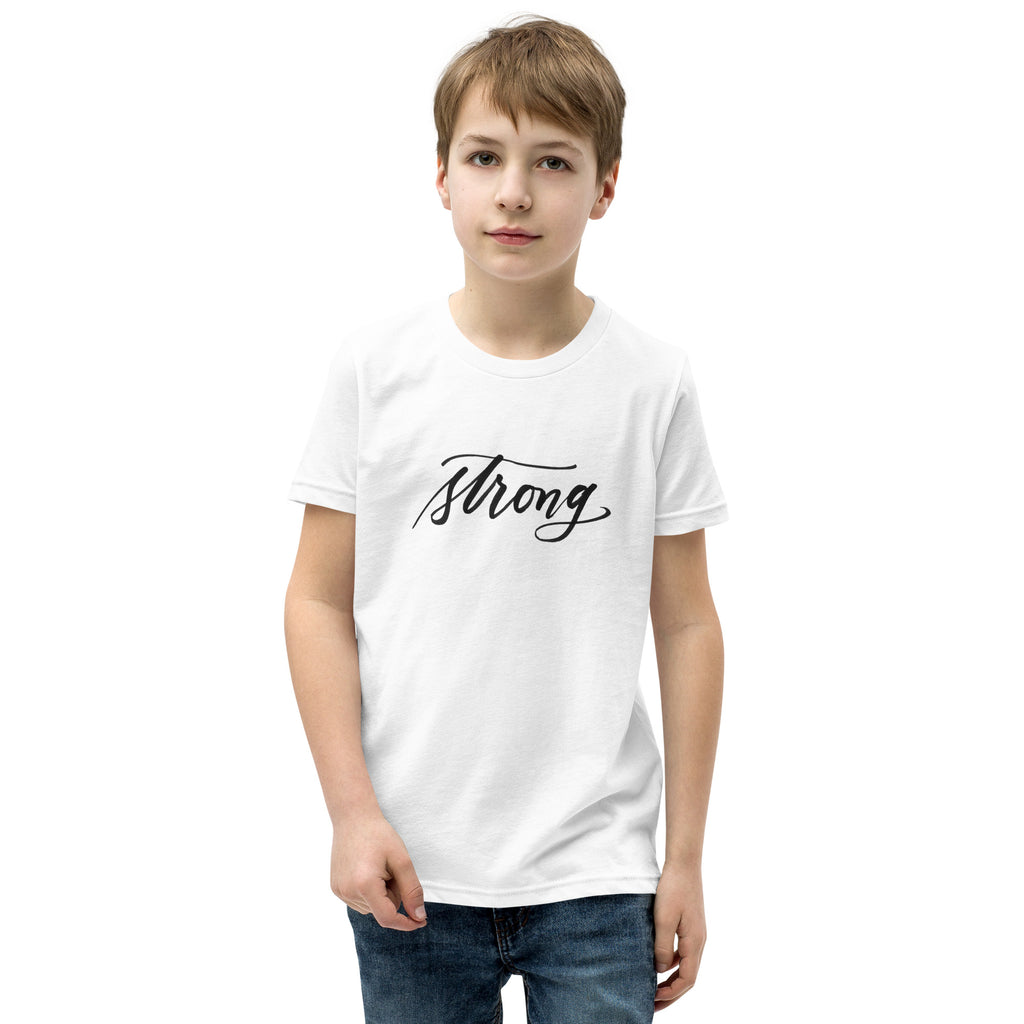YOUTH SIZES - Black Script "Strong" Calligraphy Printed on Kids' 100% Cotton T-Shirt (Youth Sizes)