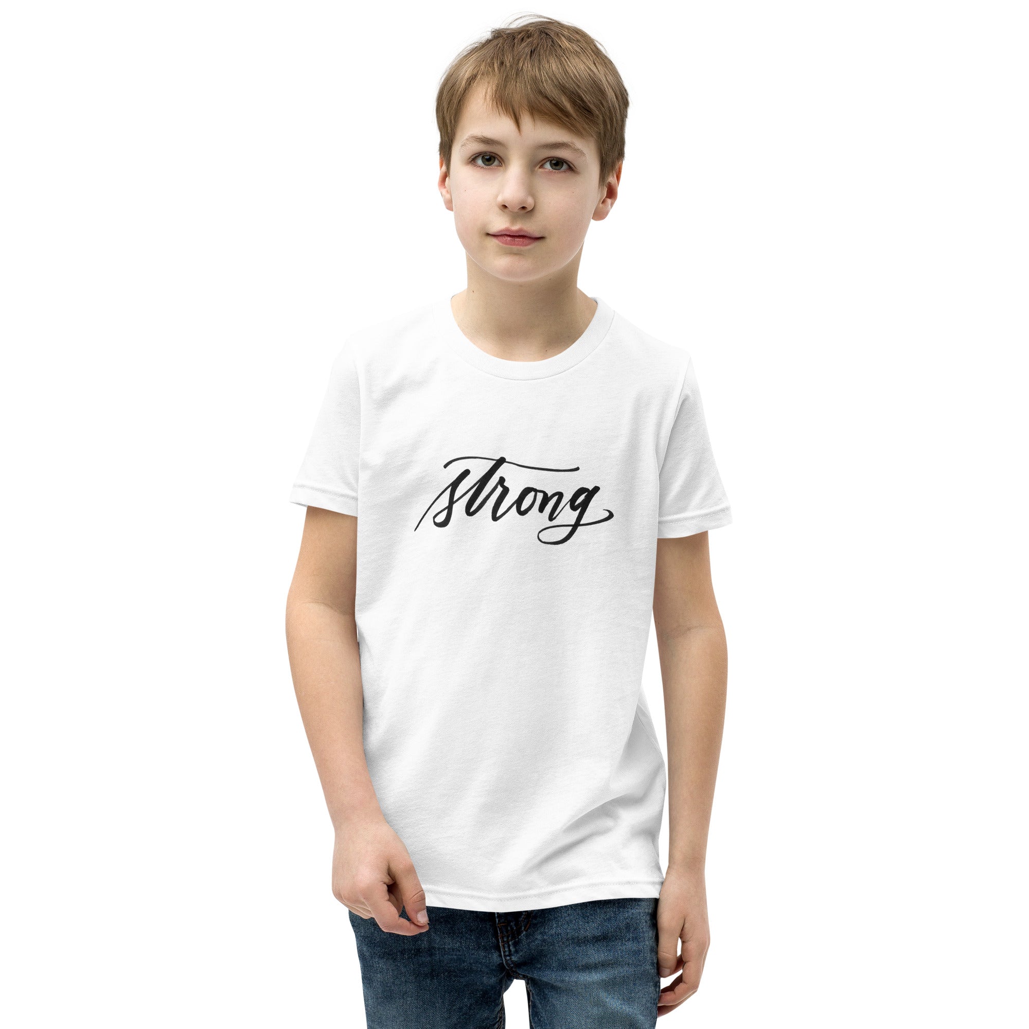 YOUTH SIZES - Black Script "Strong" Calligraphy Printed on Kids' 100% Cotton T-Shirt (Youth Sizes)