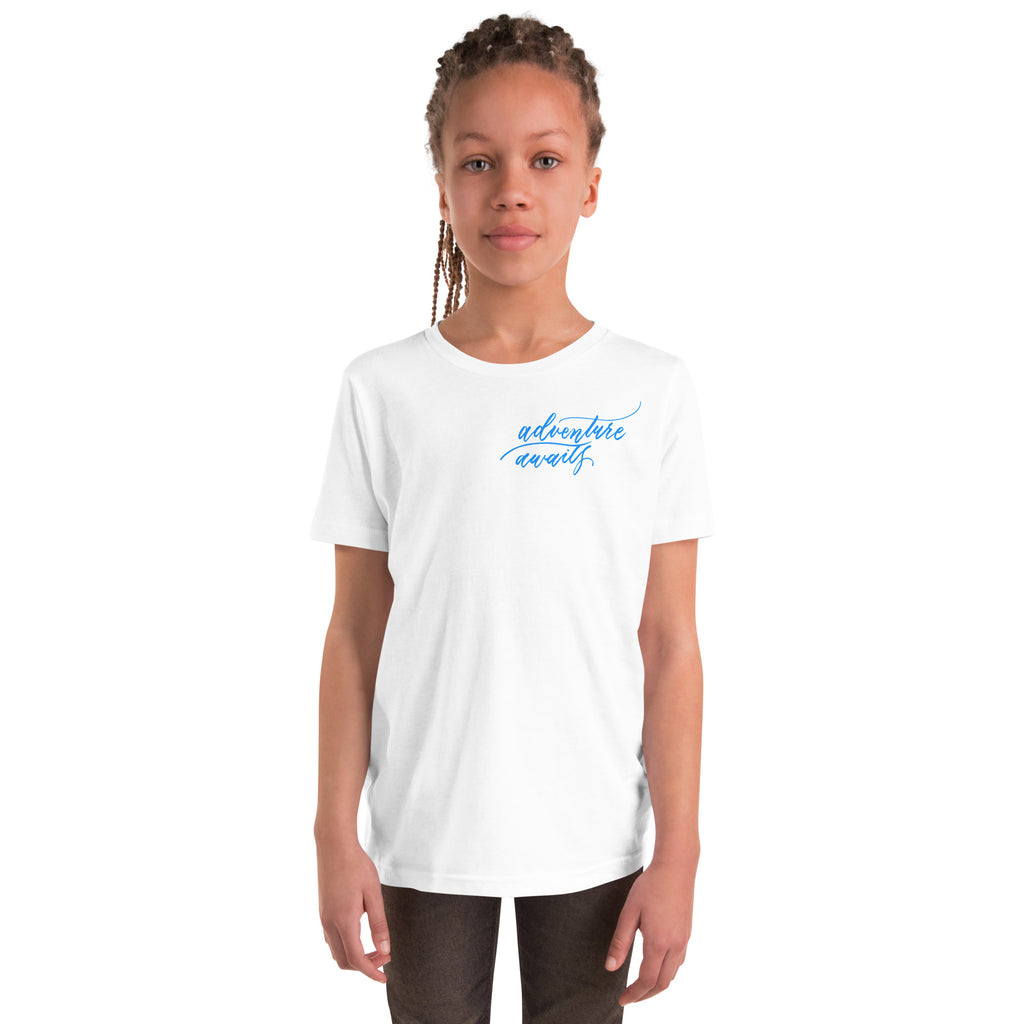YOUTH SIZES - Script "Adventure Awaits" Bright Blue Calligraphy Printed Kids Short Sleeve T-Shirt