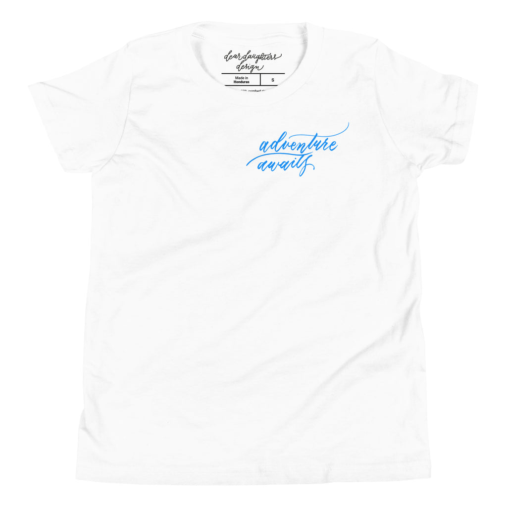 YOUTH SIZES - Script "Adventure Awaits" Bright Blue Calligraphy Printed Kids Short Sleeve T-Shirt
