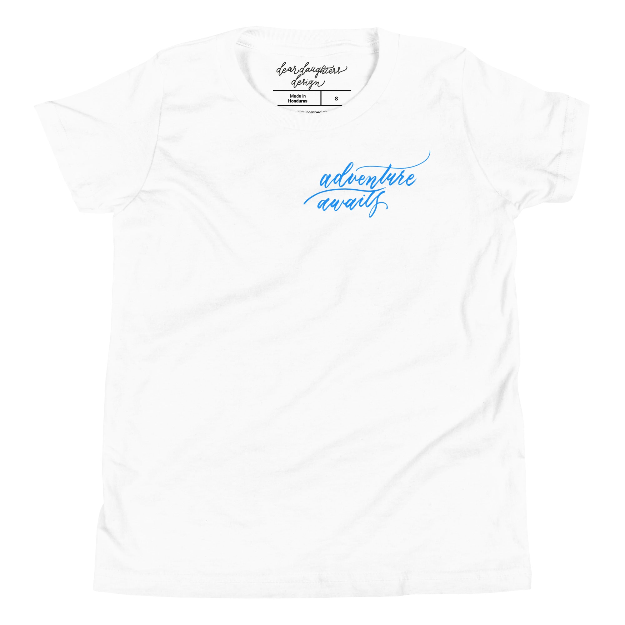 YOUTH SIZES - Script "Adventure Awaits" Bright Blue Calligraphy Printed Kids Short Sleeve T-Shirt