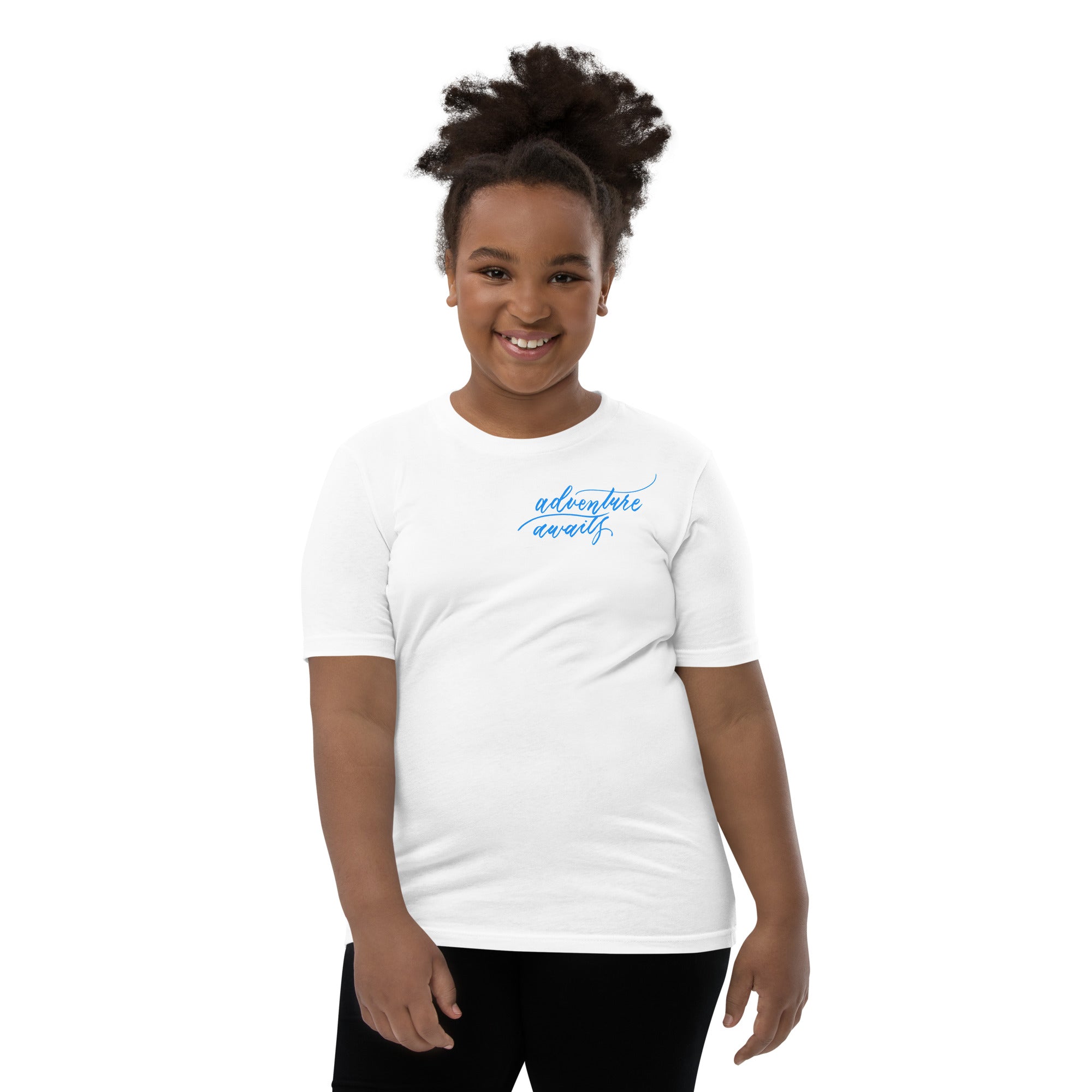 YOUTH SIZES - Script "Adventure Awaits" Bright Blue Calligraphy Printed Kids Short Sleeve T-Shirt