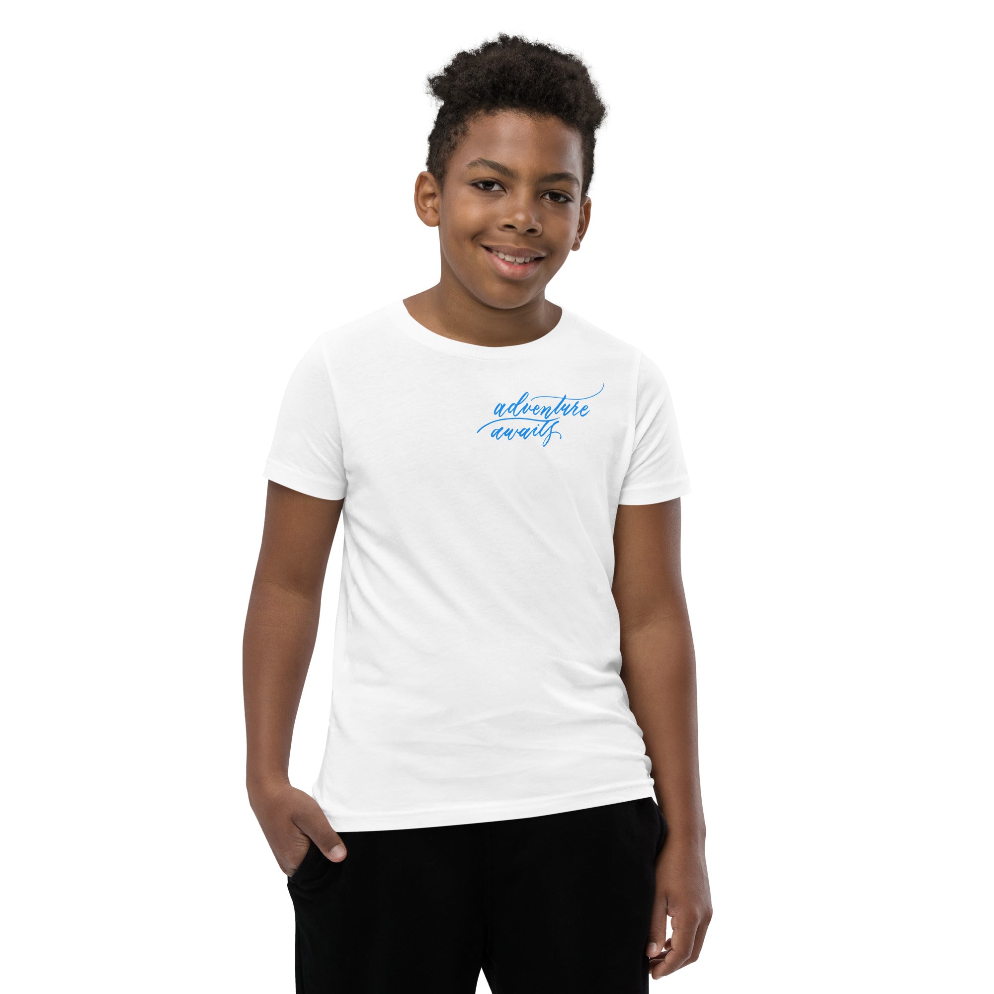 YOUTH SIZES - Script "Adventure Awaits" Bright Blue Calligraphy Printed Kids Short Sleeve T-Shirt