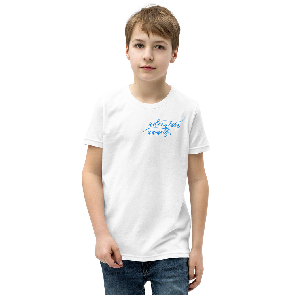YOUTH SIZES - Script "Adventure Awaits" Bright Blue Calligraphy Printed Kids Short Sleeve T-Shirt