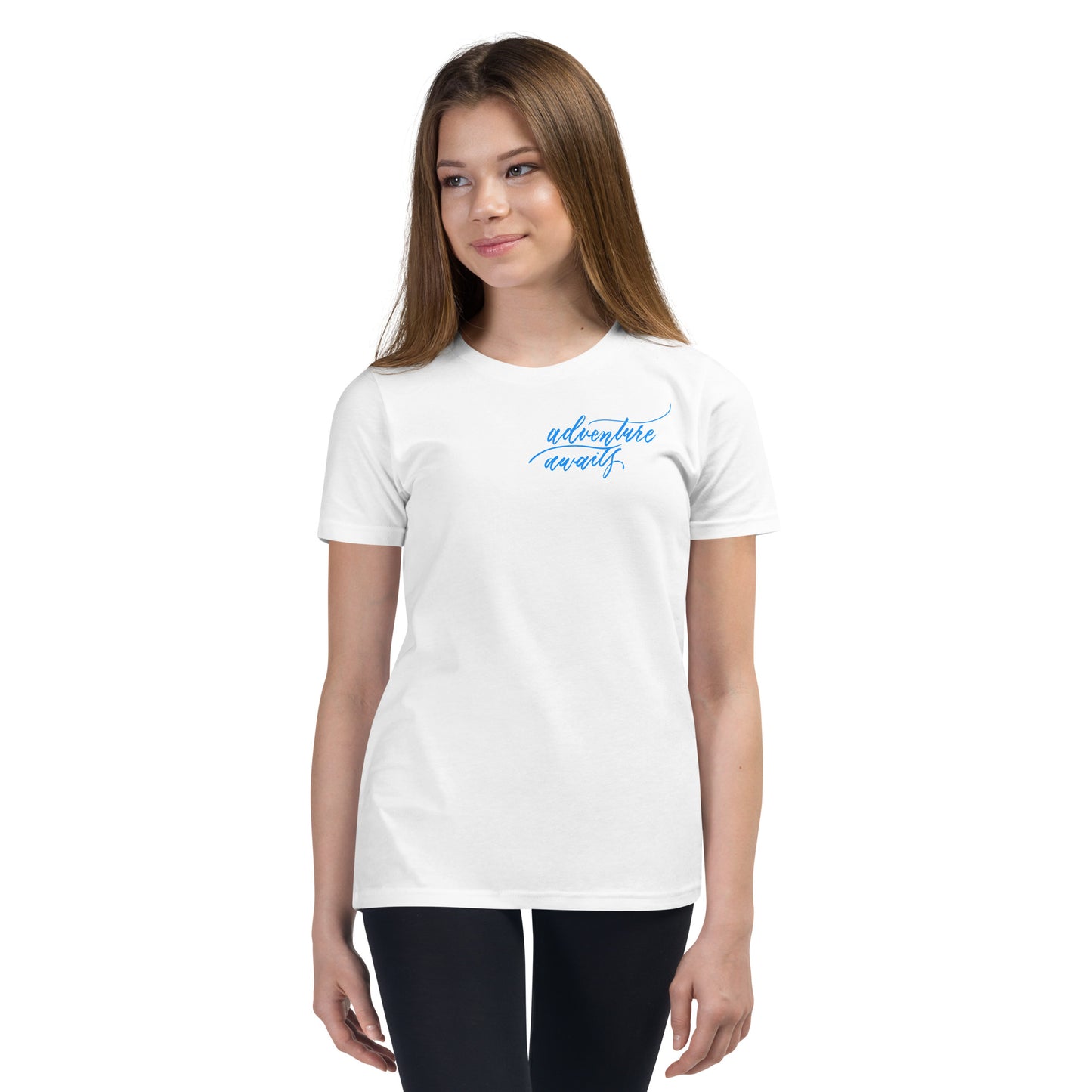 Script "Adventure Awaits" Bright Blue Calligraphy Printed Youth Short Sleeve T-Shirt